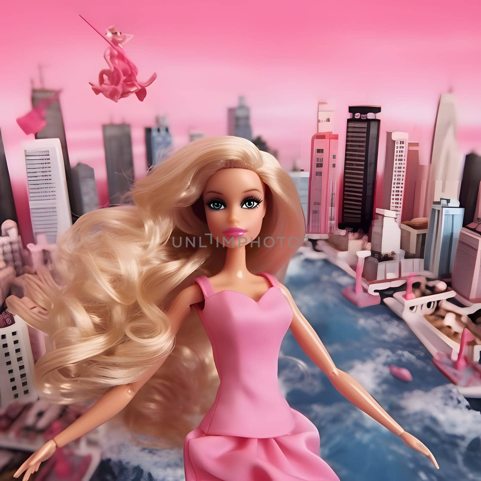 Cute Barbie in pink attire amid the vibrant city backdrop. Her confidence shines as she strikes a pose. Front view captures her charm.