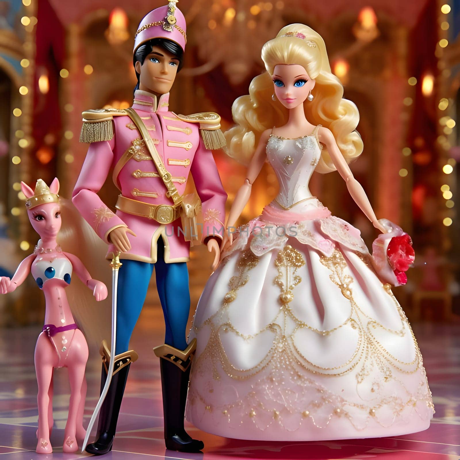 In a romantic front view, a cute blonde Barbie wearing a long gown stands gracefully with Ken against a blurred background, creating a dreamy atmosphere.