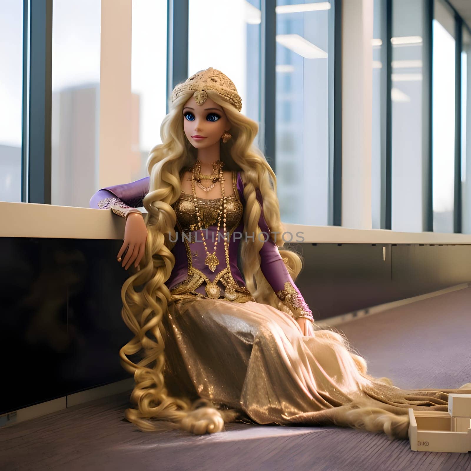 A lovely blonde Barbie dressed as a princess, posing gracefully in front of a backdrop filled with windows. The front view captures the enchanting charm of this scene.