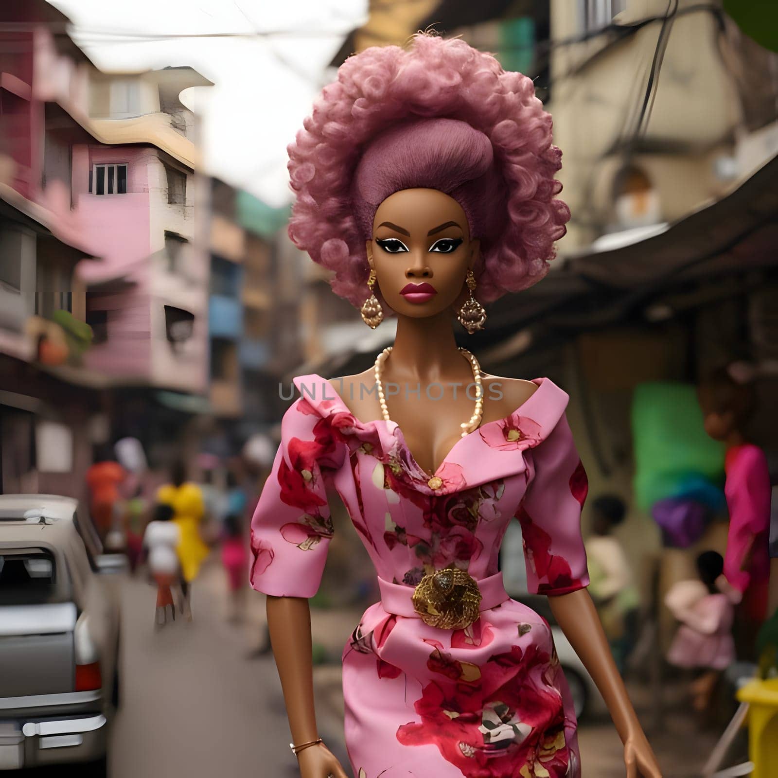 In a delightful front view, a cute black Barbie dons a stylish pink outfit and poses gracefully against a blurred city background, exuding elegance and charm in the urban ambiance.