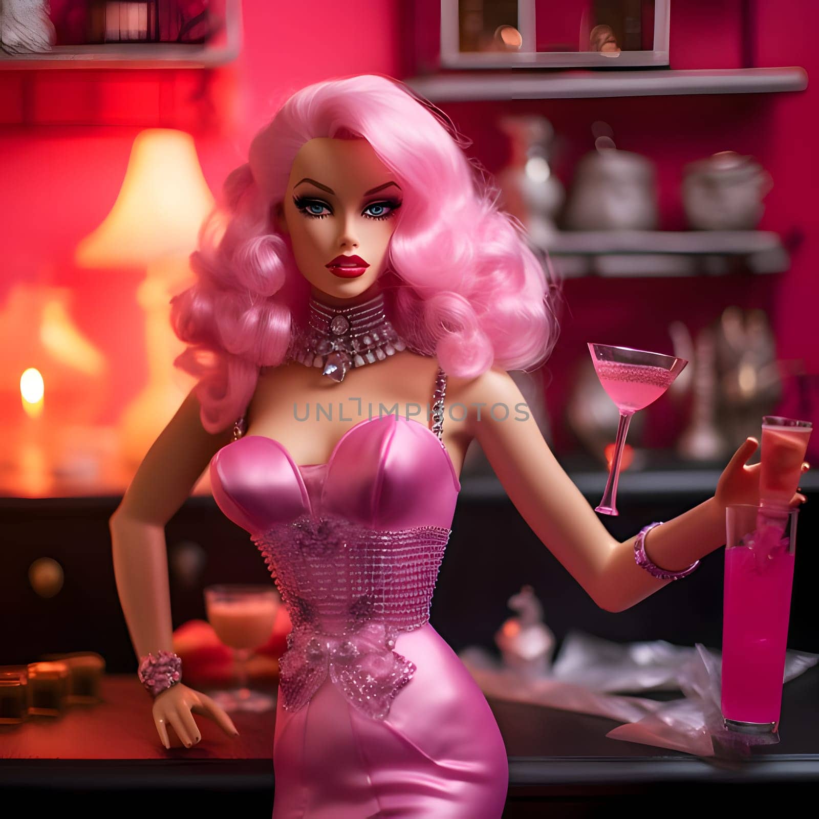 Cute blonde Barbie wearing a pink clothing posed with drink against a blurred background. Front view.