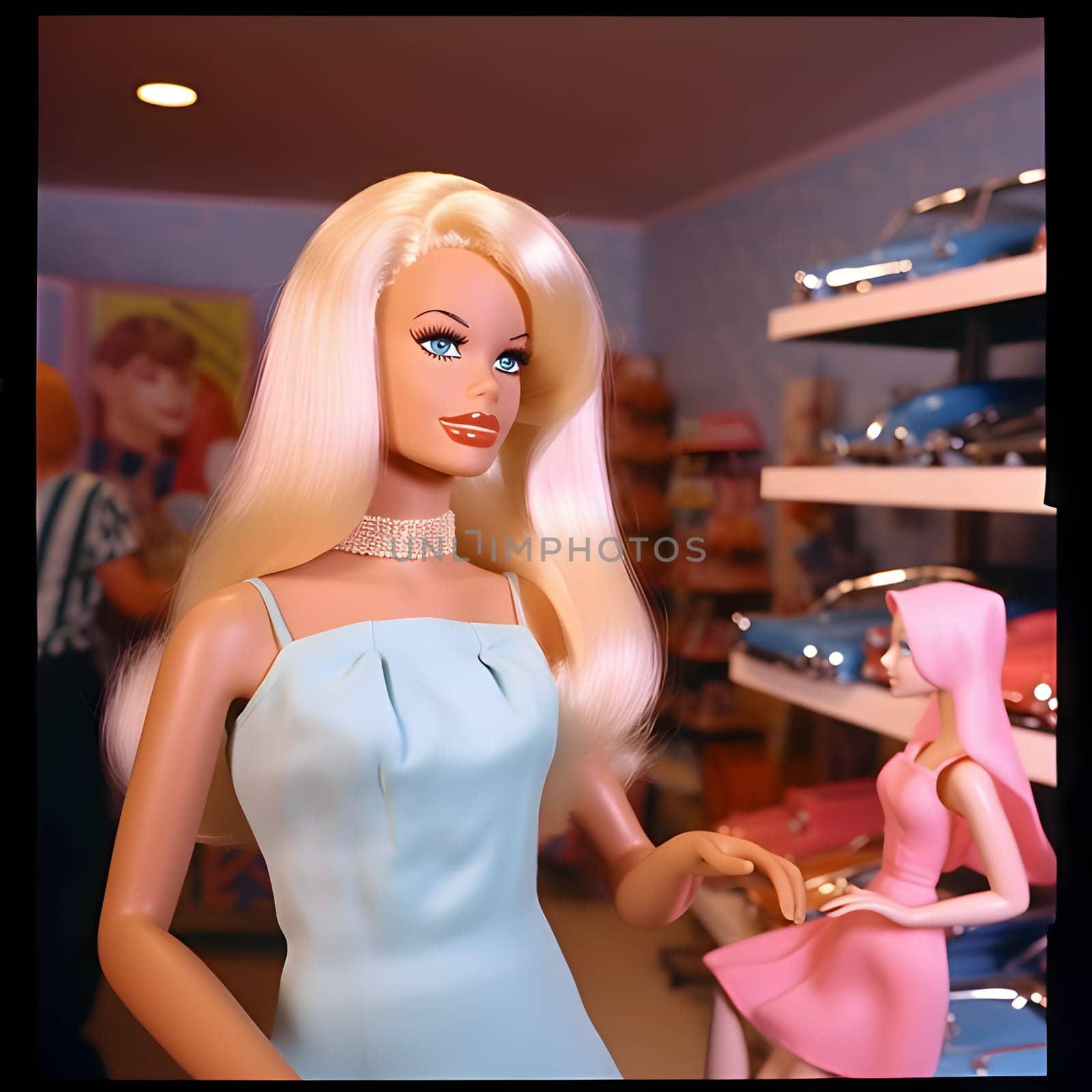 Front view of a cute blonde Barbie doll dressed in a blue outfit, striking a pose against a blurred background of cars.