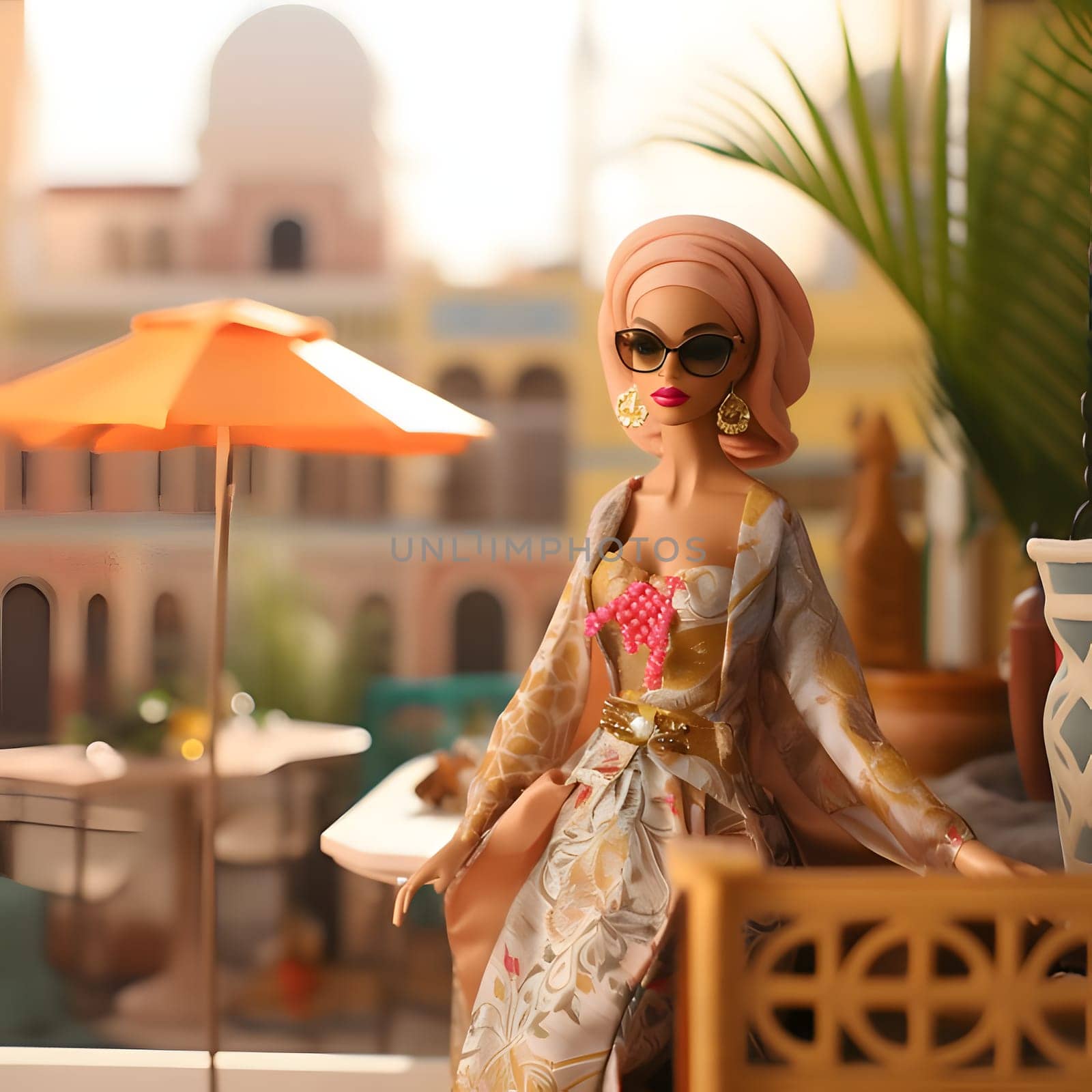 In this front view, a cute blonde Barbie doll, wearing glasses and elegant Arabic clothing, poses gracefully against the backdrop of a stunning Arabic cityscape.