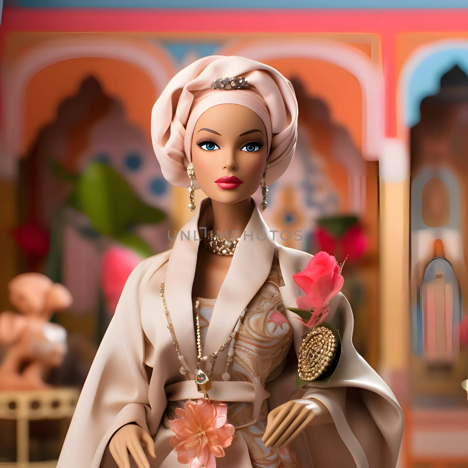 In this front view, a cute blonde Barbie doll is elegantly dressed in Arabic clothing, posing against the backdrop of a beautiful Arabic cityscape.