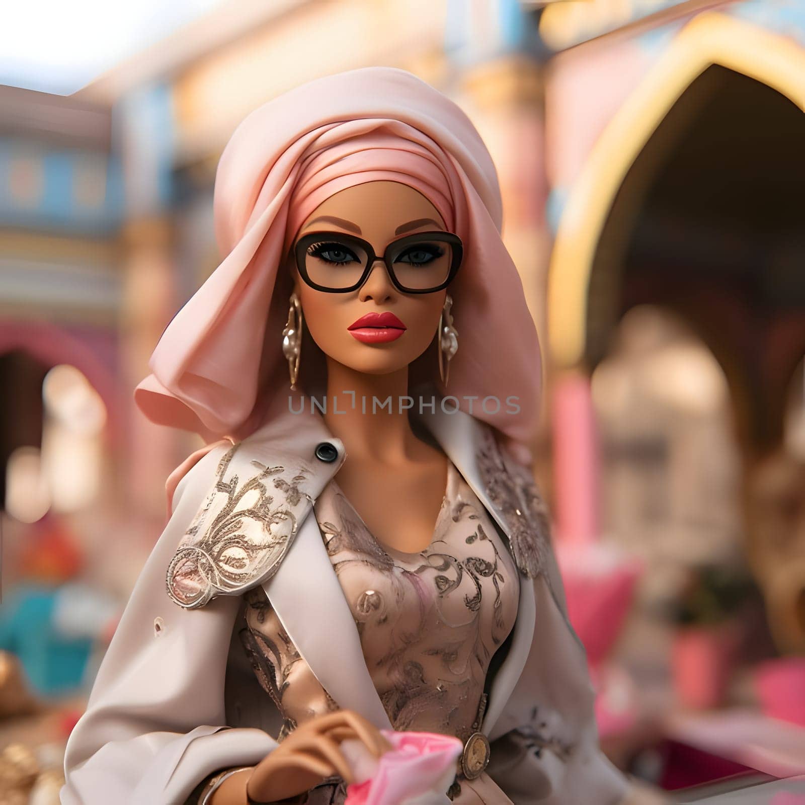 Cute blonde Barbie wearing glasses and an arabic clothing posed against arabic city background. Front view. by ThemesS