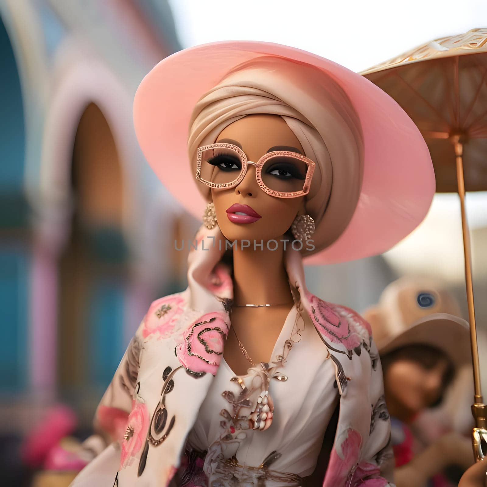 Cute blonde Barbie wearing glasses and an arabic clothing posed against arabic city background. Front view. by ThemesS