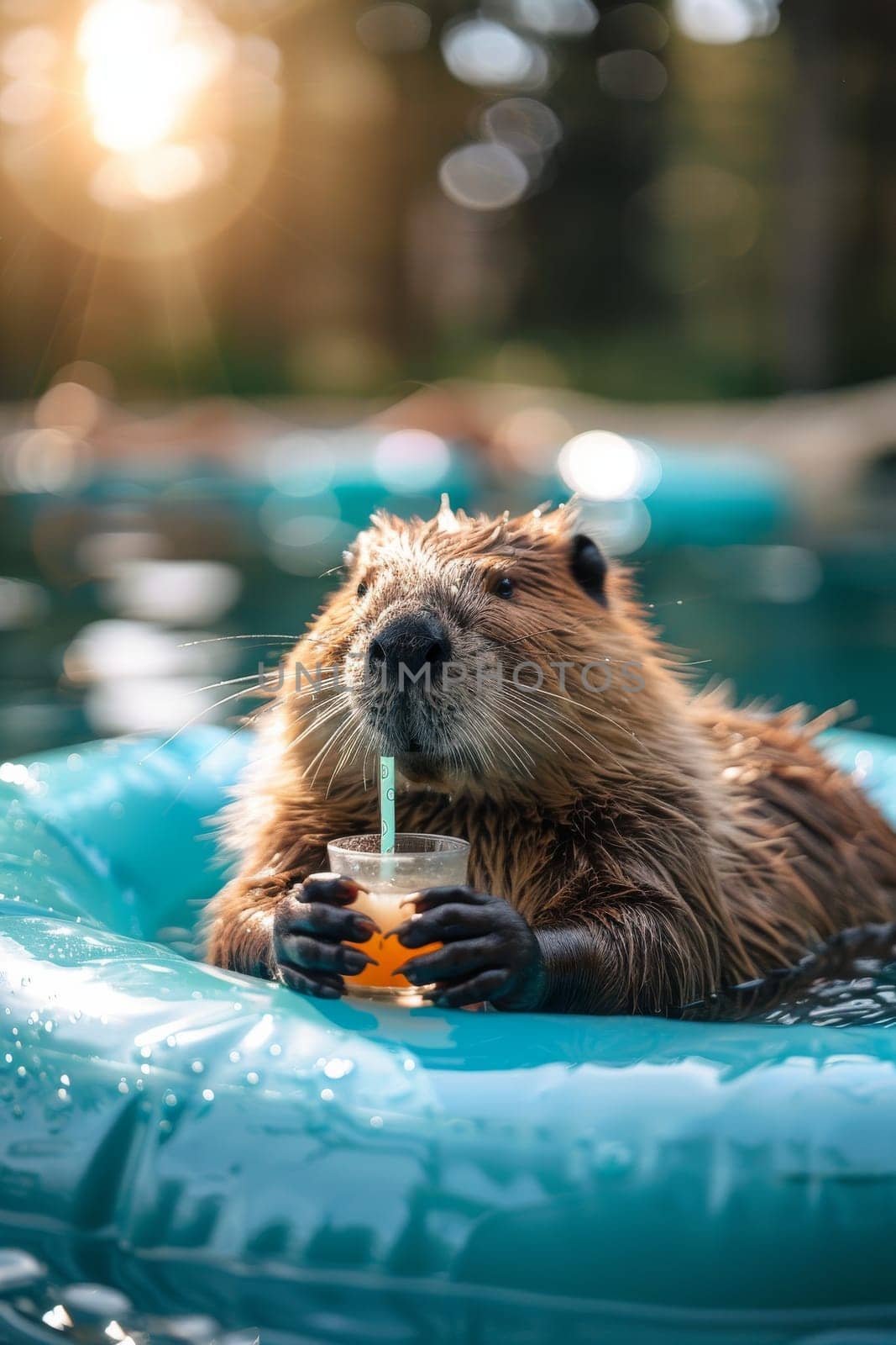 beaver animal is in a pool with a cup in its mouth by itchaznong