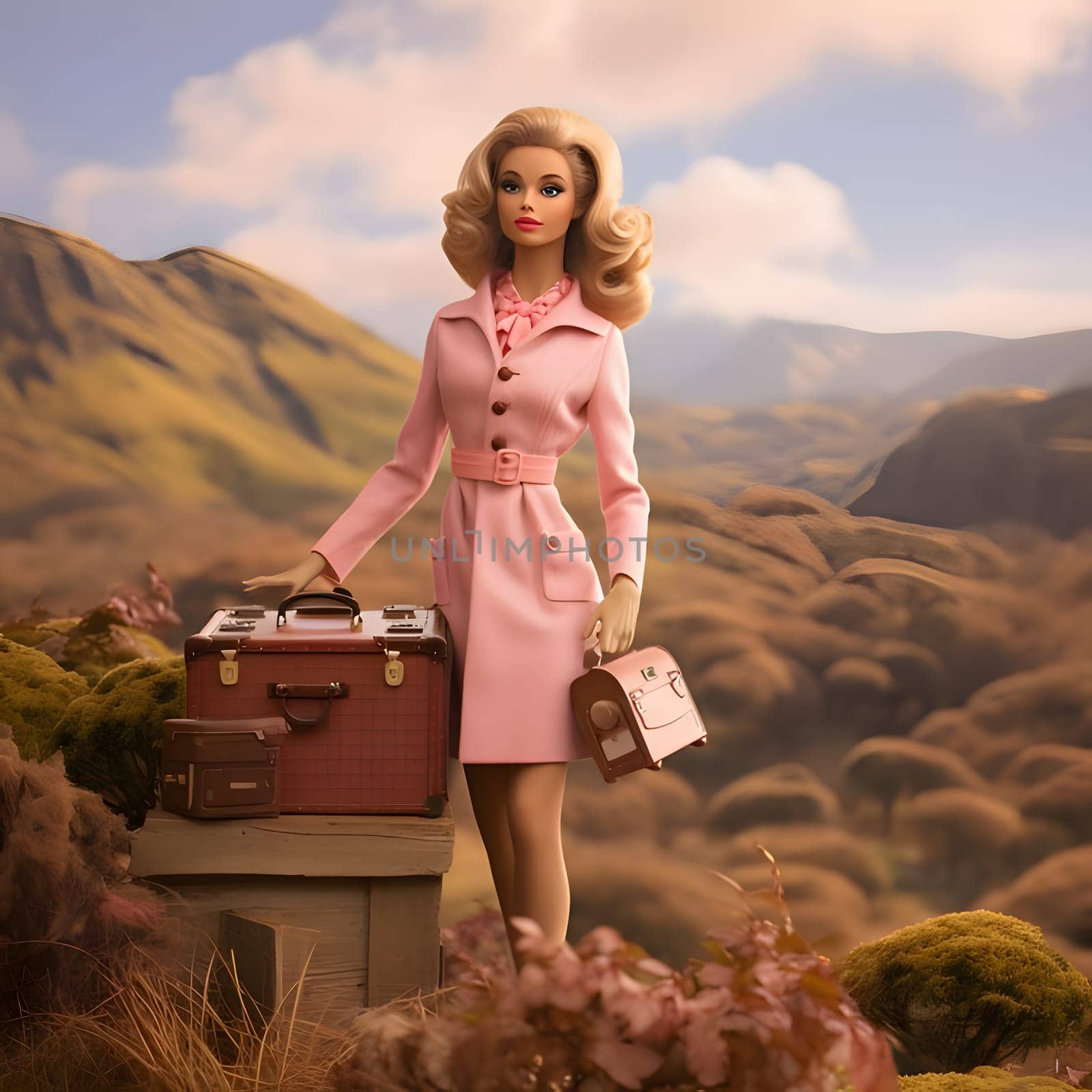 In this front view, a cute blonde Barbie doll is elegantly posed with suitcases against a beautiful natural landscape background.