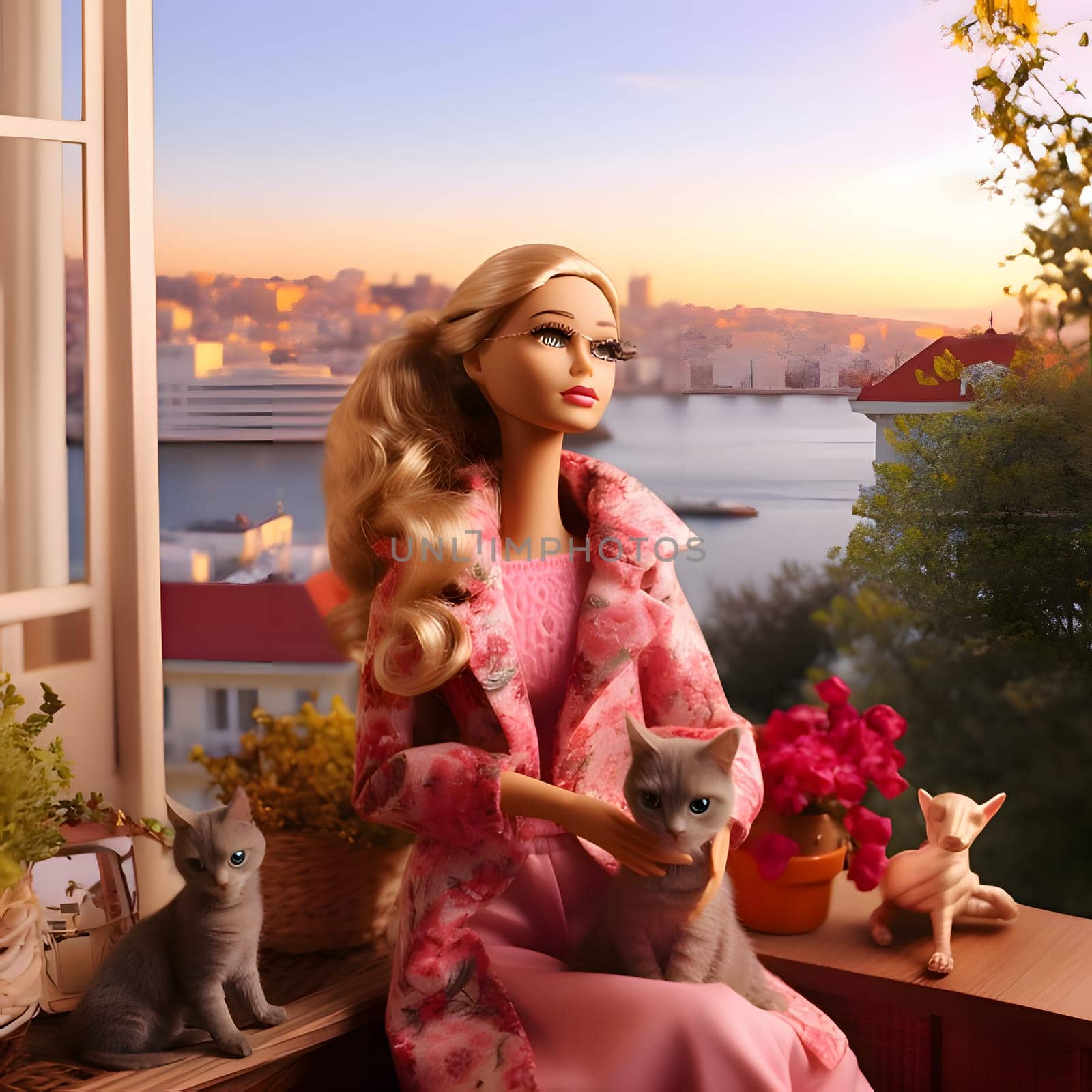 Cute blonde Barbie wearing a pink clothing posed together with cats against city background. Side view. by ThemesS