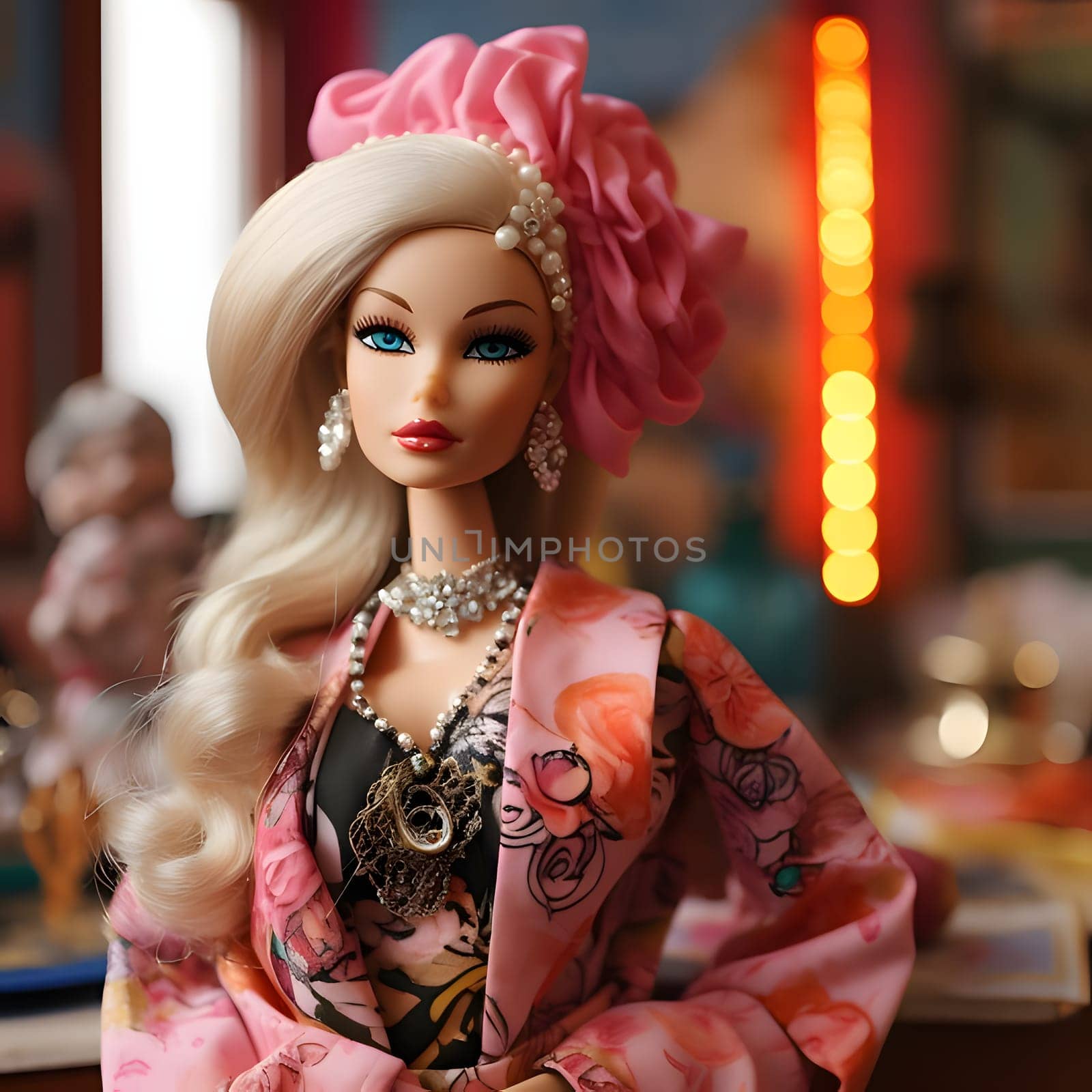 Cute blonde Barbie wearing a pink clothing with jewelry against blurred background. Front view. by ThemesS