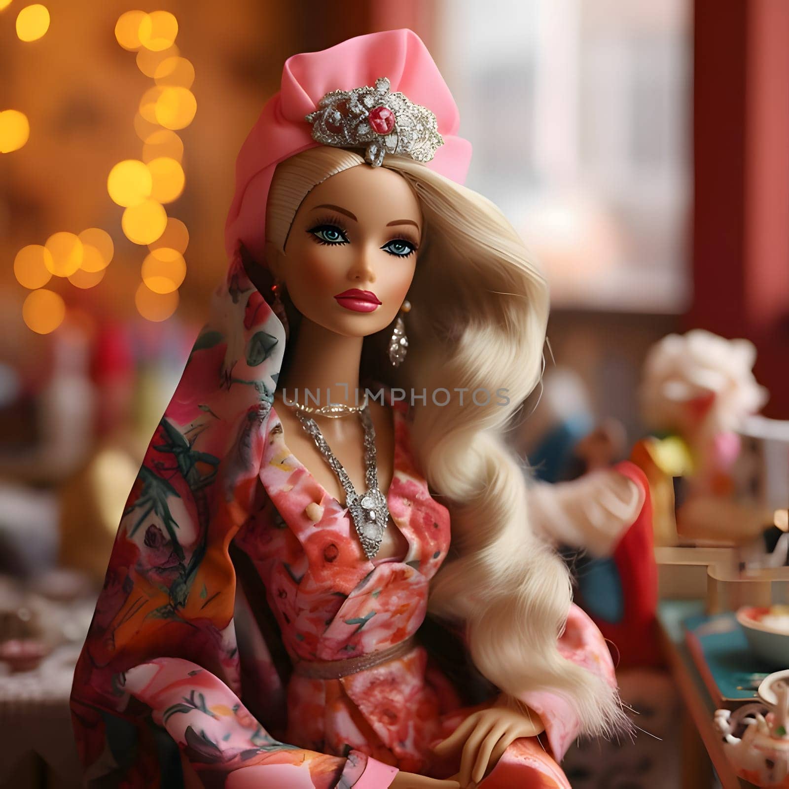 Cute blonde Barbie wearing a pink clothing with jewelry against blurred background. Front view. by ThemesS