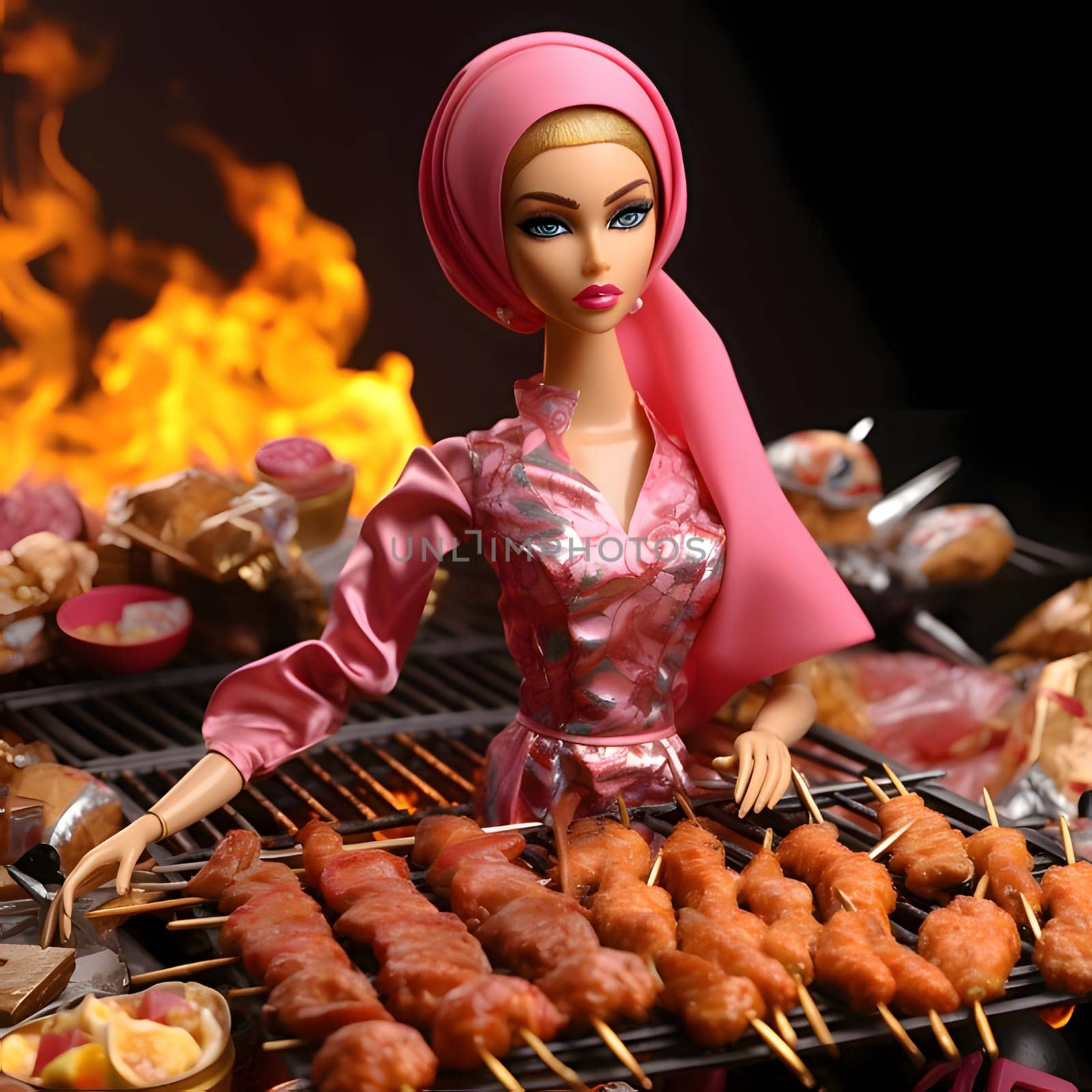 Cute blonde Barbie looks adorable in her pink outfit, standing elegantly near the food table. The background is slightly blurred, giving a dreamy effect to the scene.