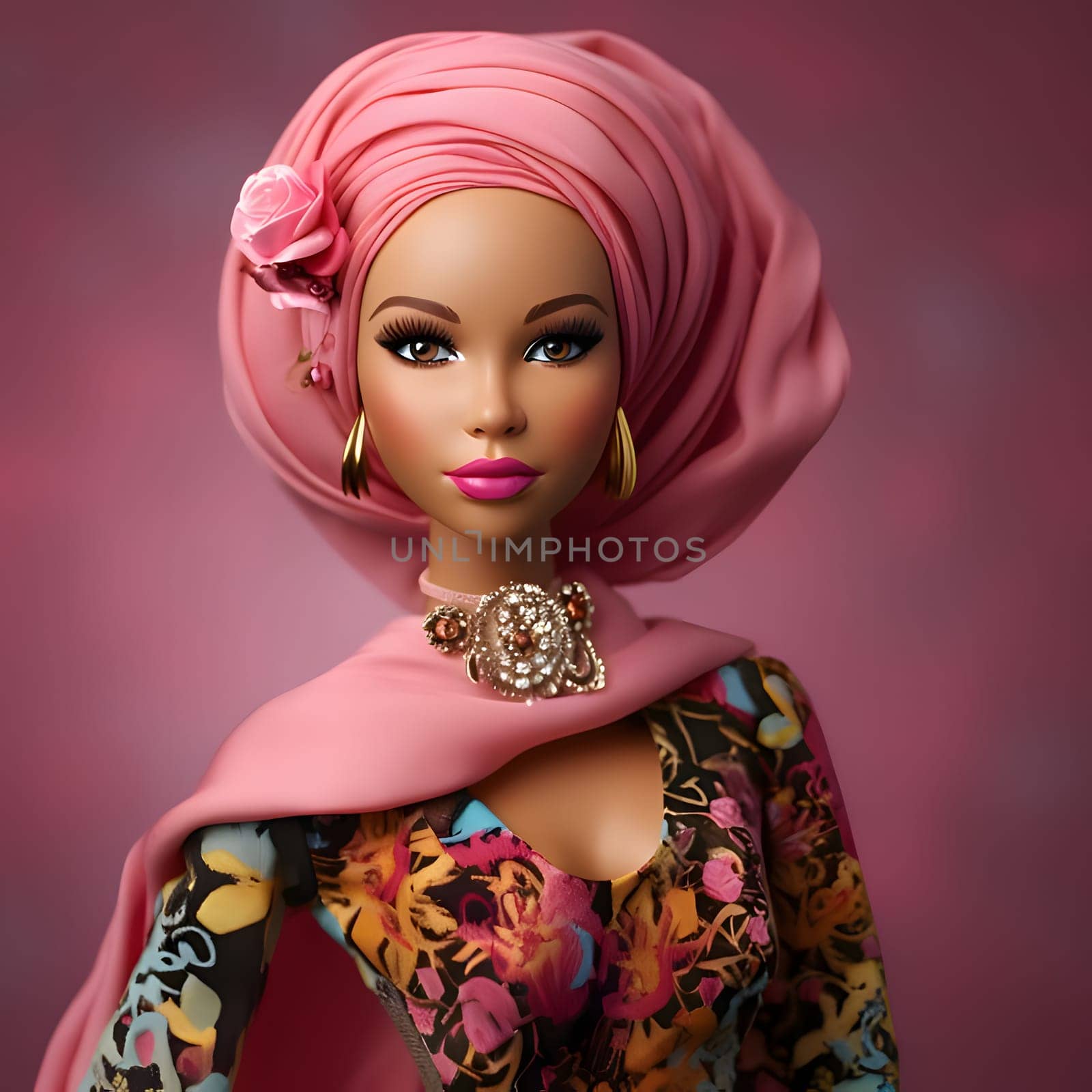 Cute blonde Barbie wearing an india pink clothing against pink background. Front view. by ThemesS