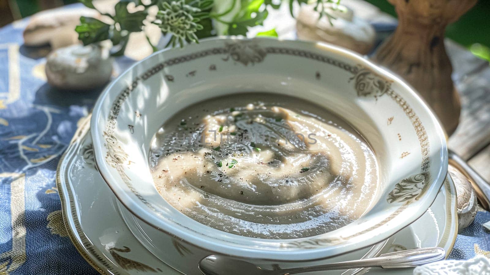 Mushroom cream soup served on a table in the garden