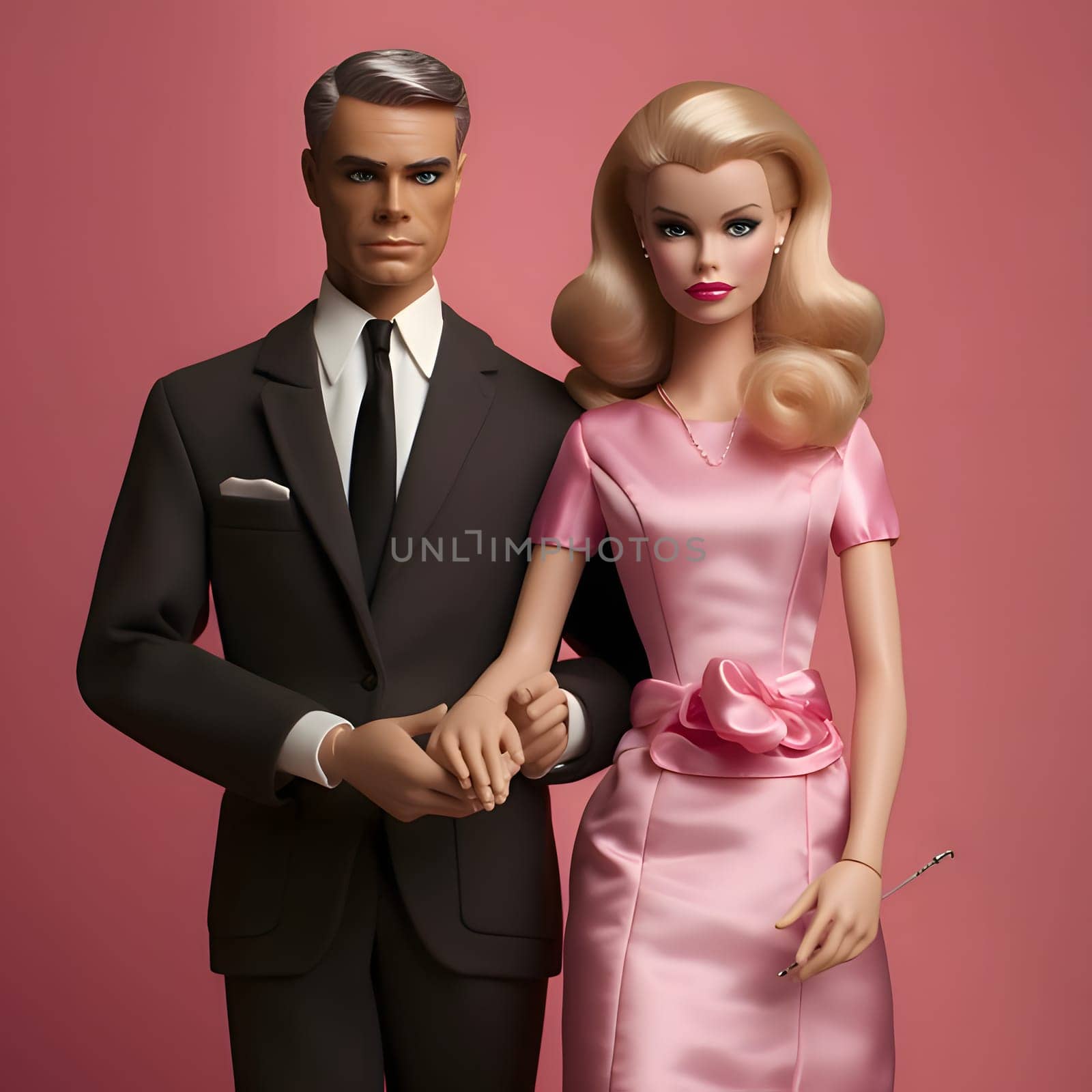 Mature Barbie in pink dress holding hands with father in black suit. Emotional moment with uniform background.