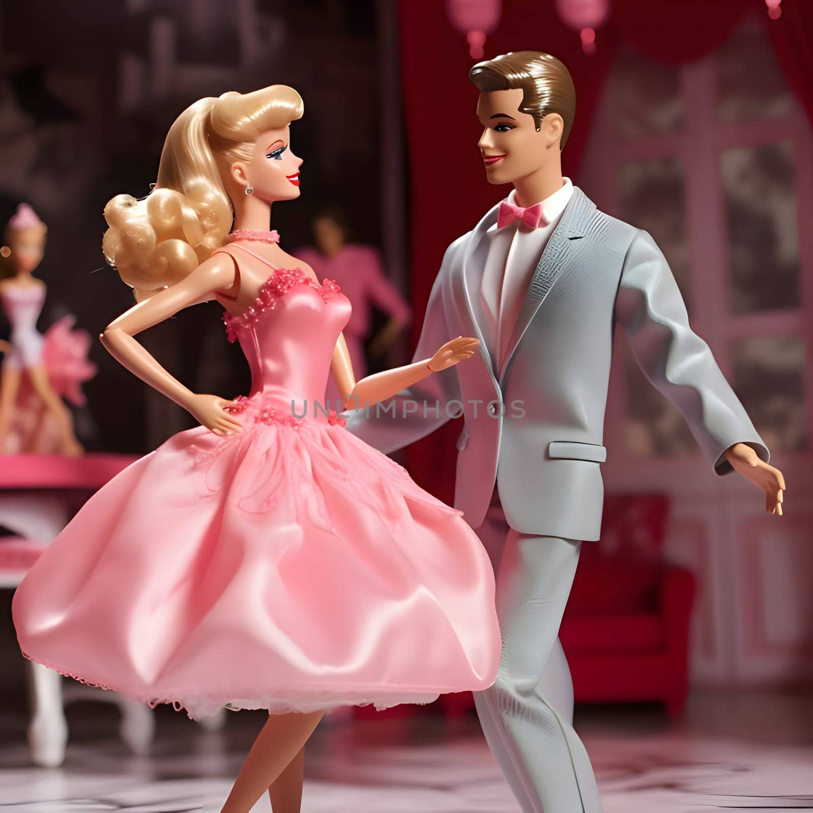 Barbie in a pink dress dances with LGBT Ken in a light-colored suit, celebrating love and diversity.