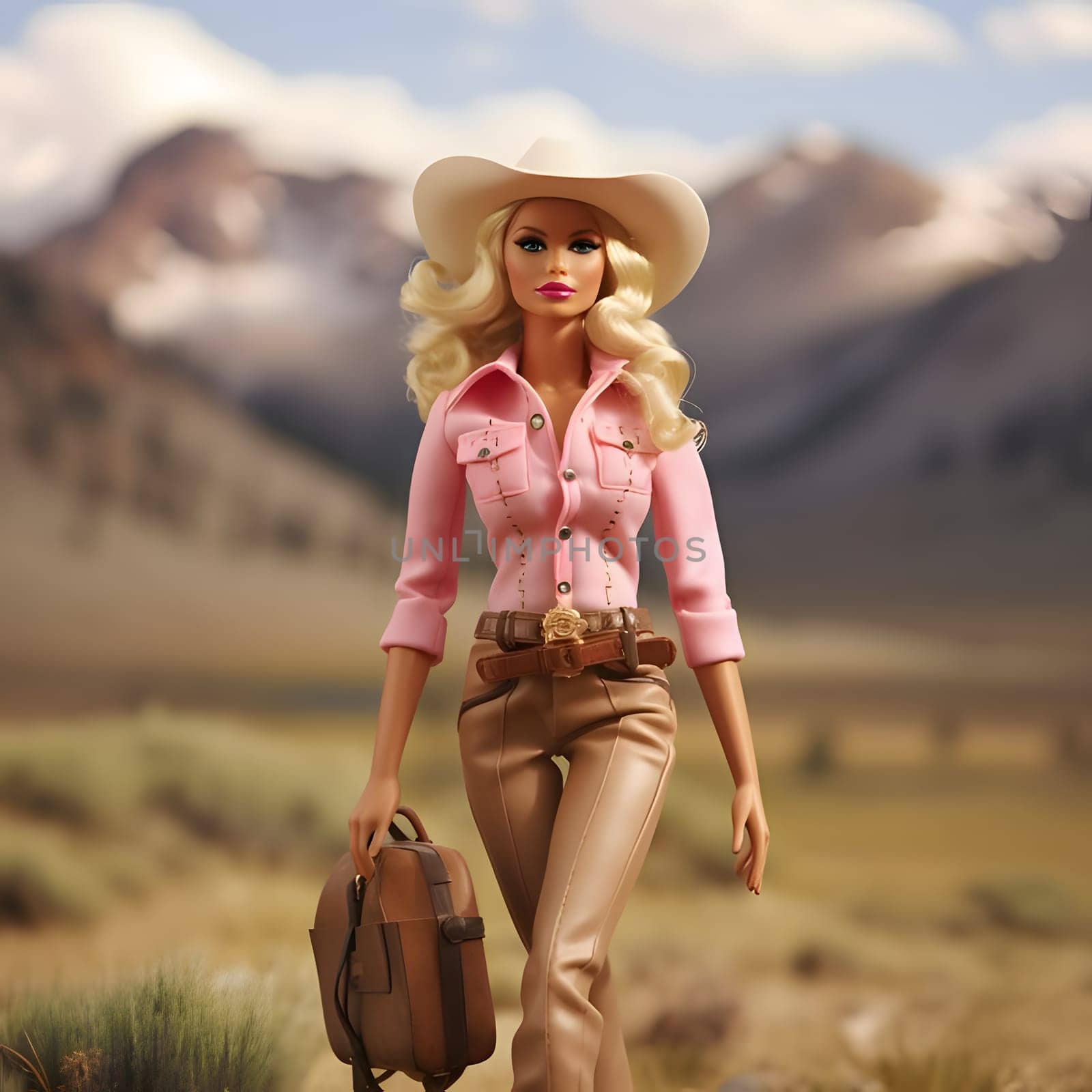 In this front view, a cute blonde Barbie doll is elegantly posed with suitcases against a beautiful natural landscape background.