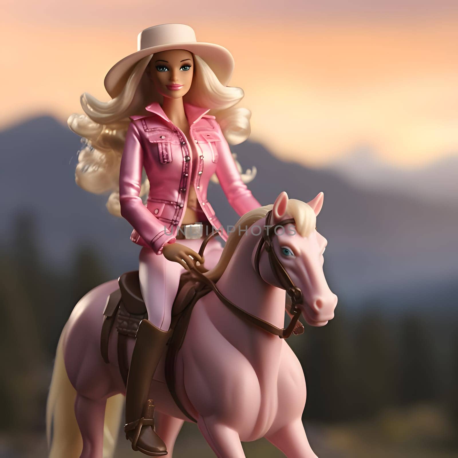 Cute blonde Barbie, dressed in a pink outfit and a white hat, gracefully sits on a majestic white horse, surrounded by the beauty of the mountains.