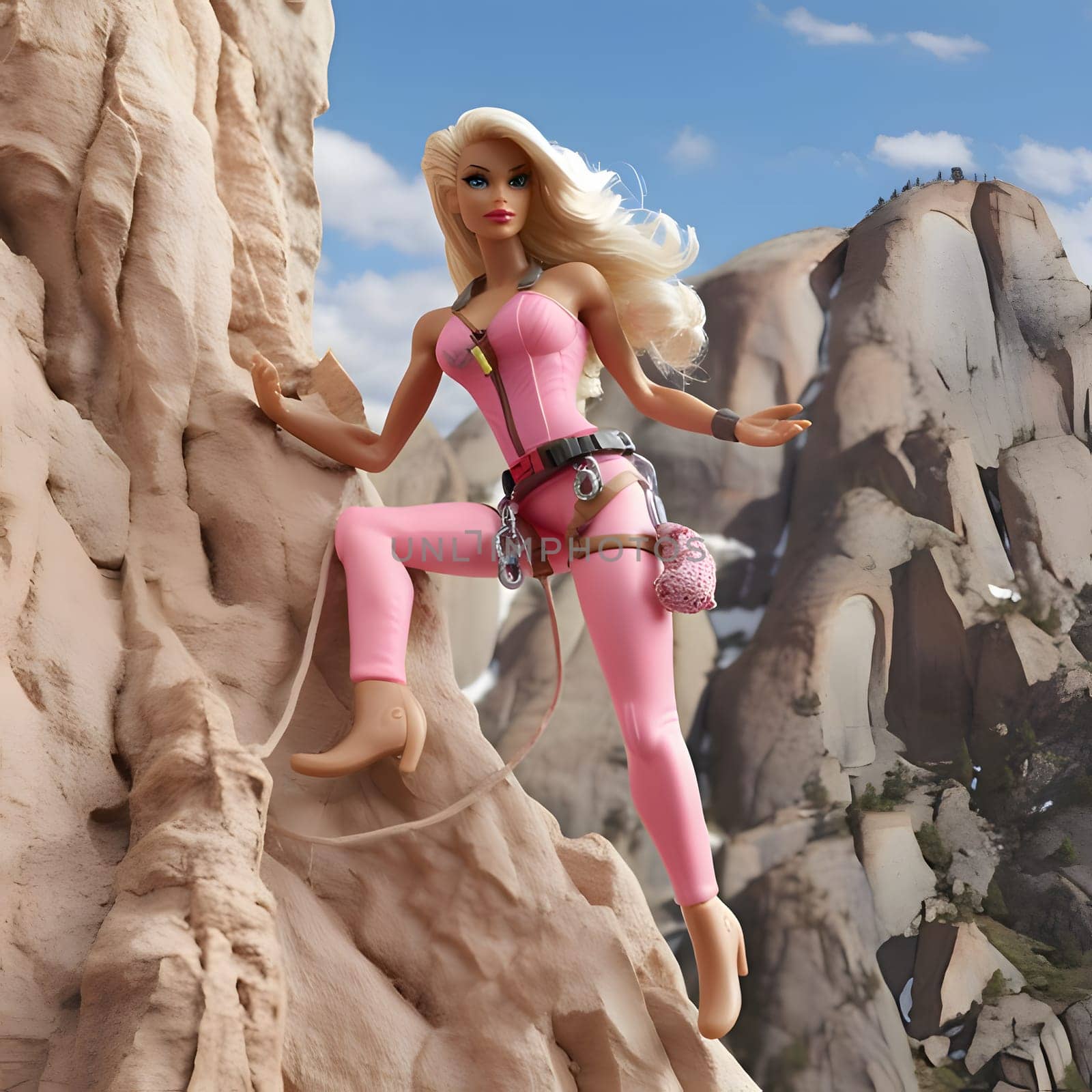 Cute blonde Barbie, dressed in a pink outfit, fearlessly climbs the mountains, surrounded by a breathtaking view of the majestic peaks in the background.