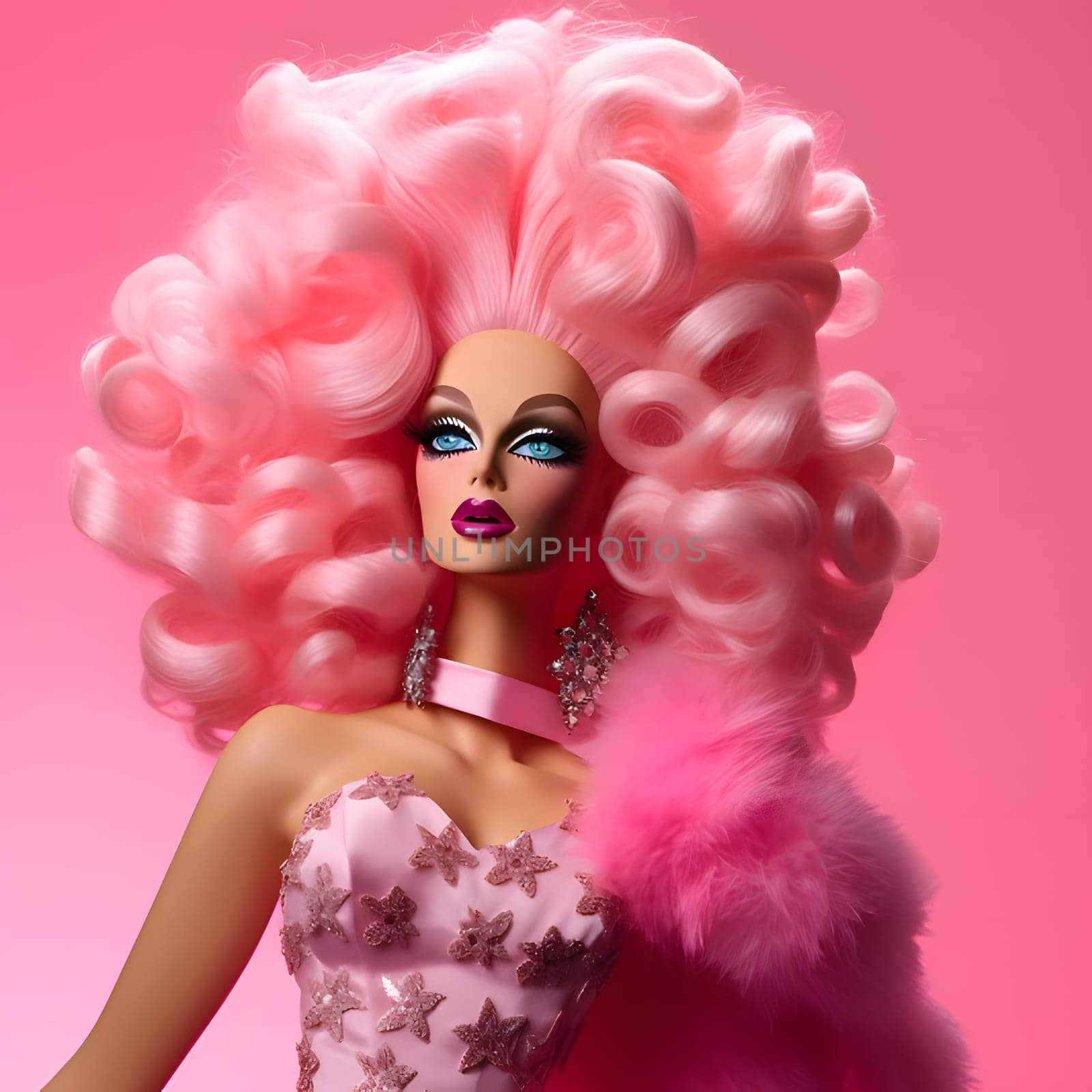 The caricature of Barbie showcases her in a vibrant pink outfit, and her hair is depicted in a comically exaggerated, huge style, adding a fun and playful touch to her appearance.
