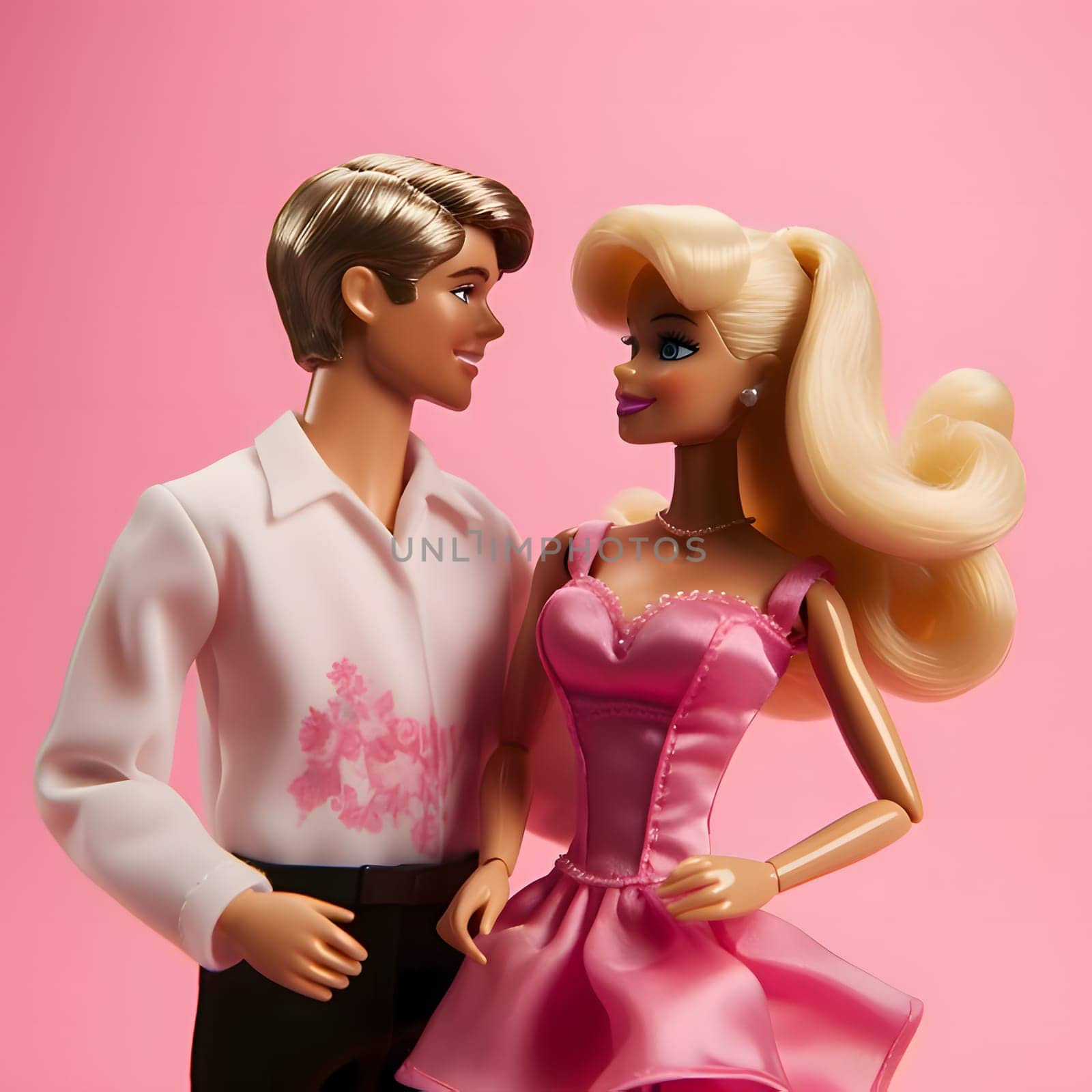 Barbie in pink dress, Ken in sharing a loving gaze. Romantic atmosphere with blurred background.