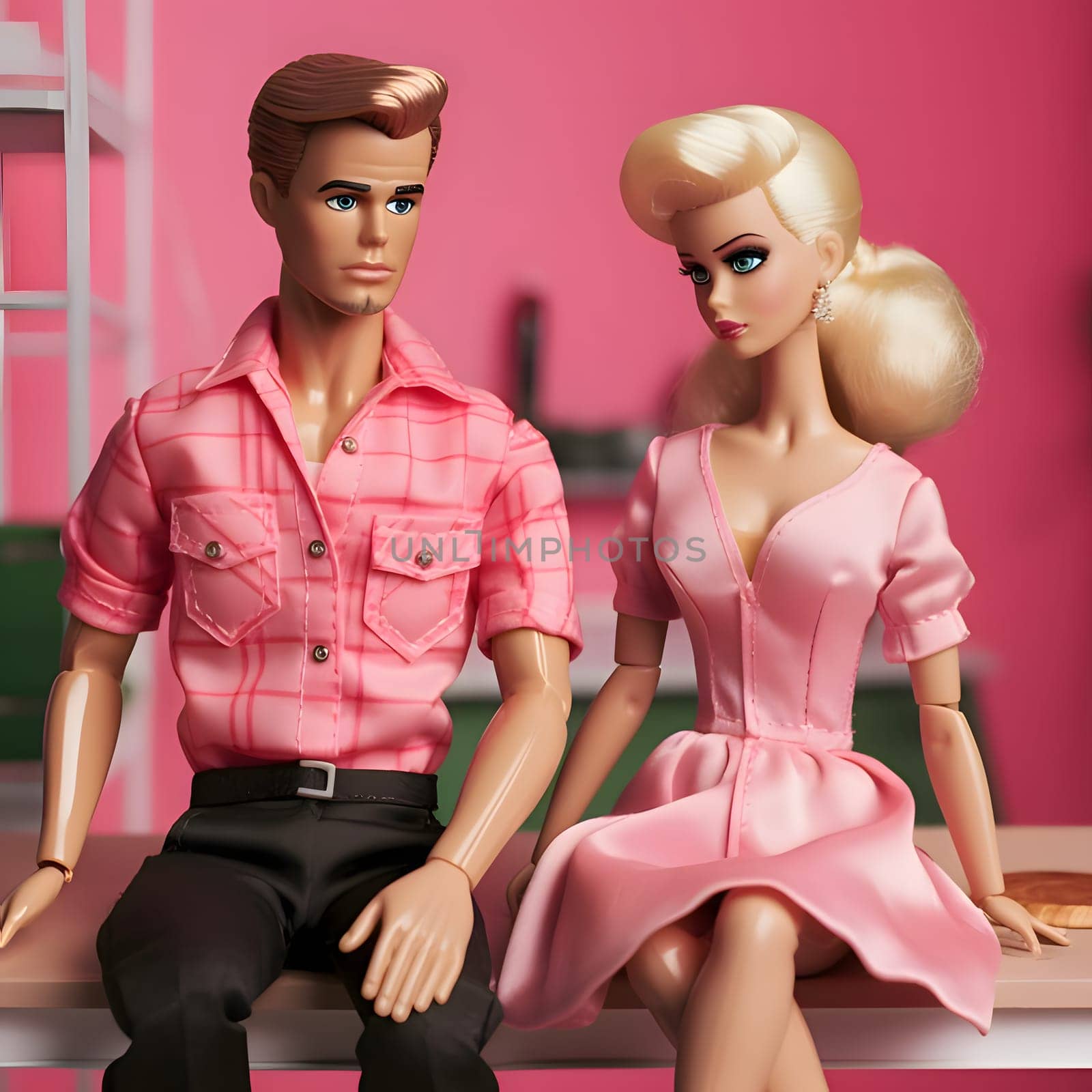 Sad Ken and Barbie sitting on a bench, pink clothes, pink background. by ThemesS