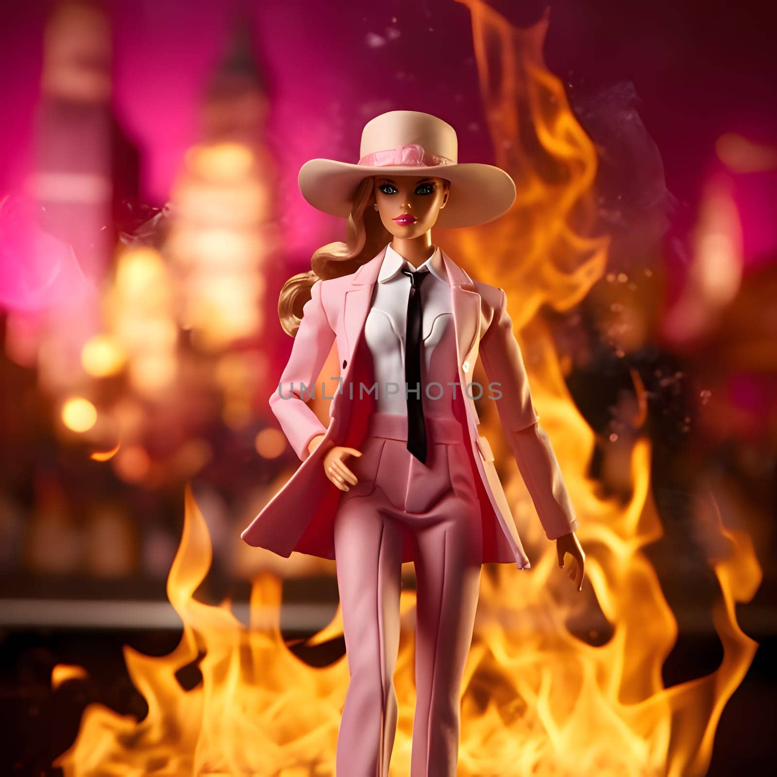 Cute blonde Barbie looks vibrant in her pink outfit and stylish hat, standing against a backdrop of blurred flames of fire, creating a dynamic and energetic atmosphere.