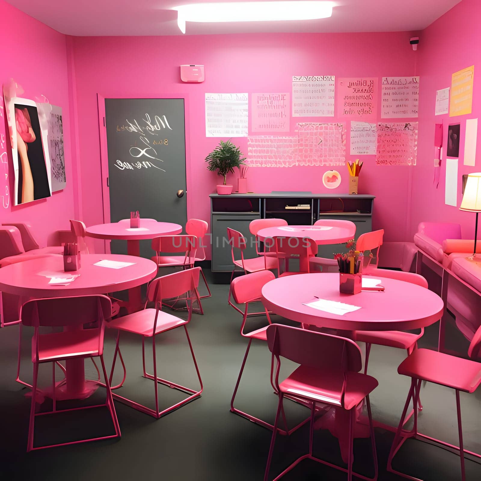 The pink Barbie room is adorned with charming chairs, delicate windows, elegant tables, and adorable cabinets, creating a perfect setting for imaginative play and fun.