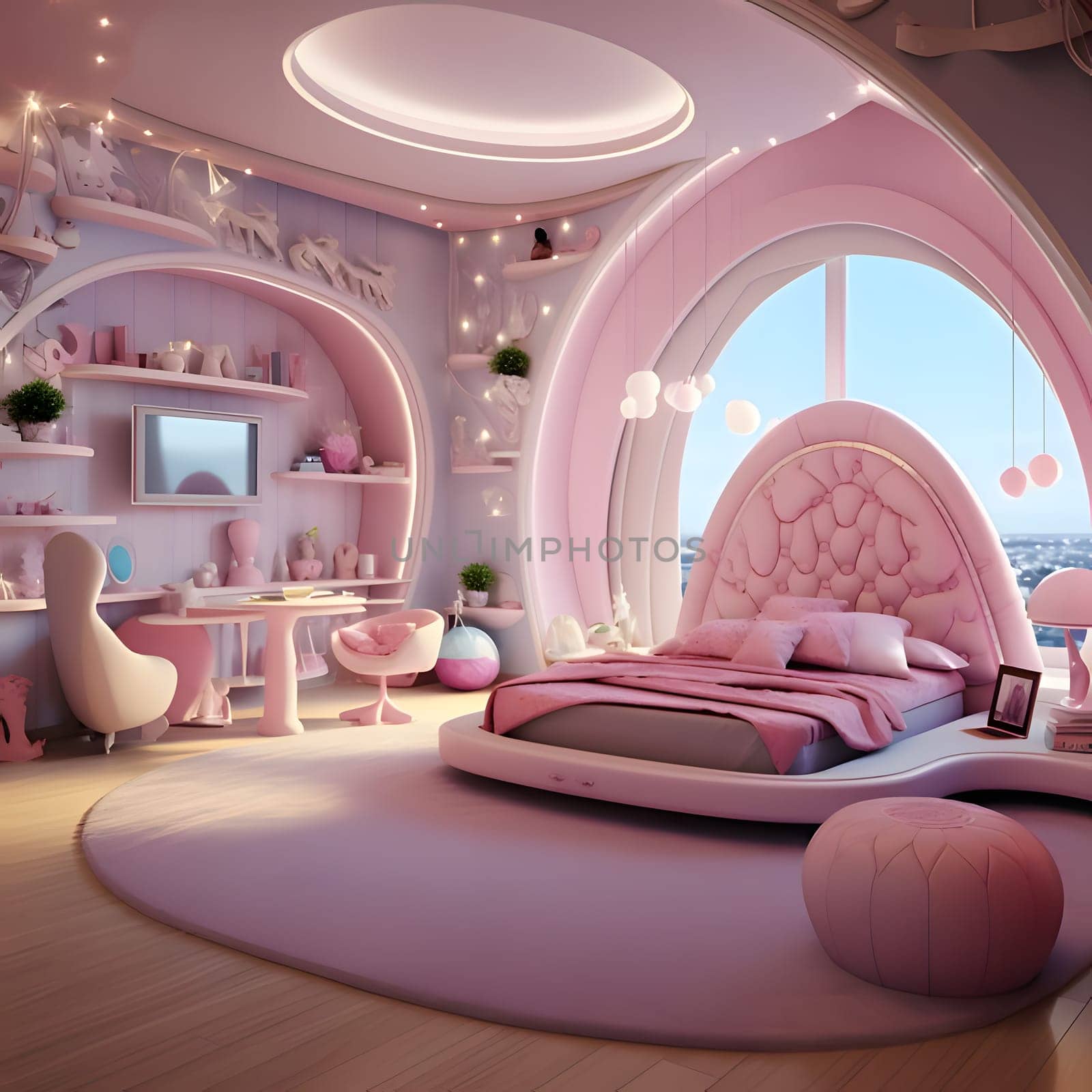 The pink Barbie room features a cozy bed with a soft carpet, a window providing natural light, and elegant furniture and shelves, creating a dreamy and stylish space.