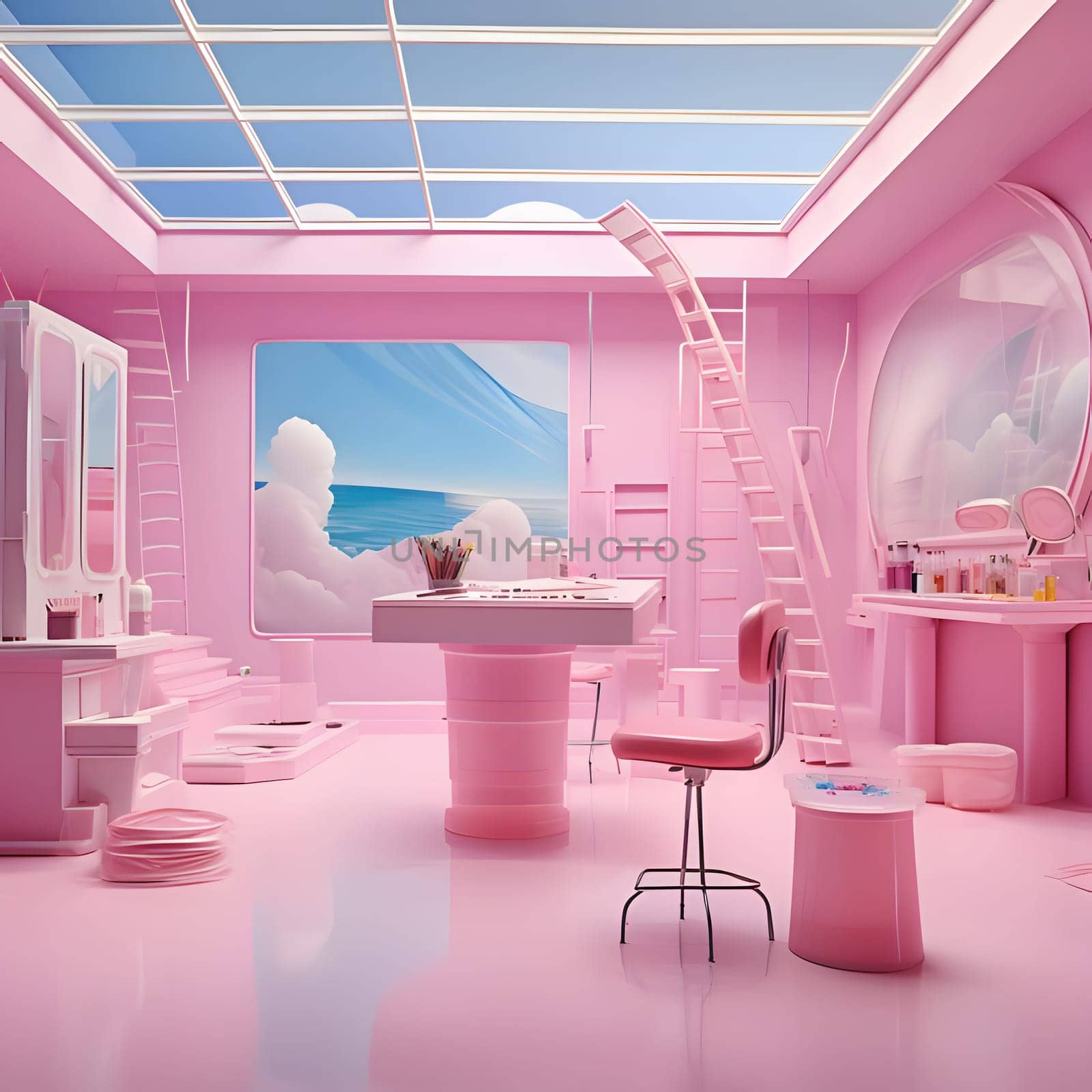 Welcome to the enchanting pink Barbie-style studio! This dreamy space boasts plush furniture, sparkling chandeliers, and a whimsical ambiance, ideal for creativity and fun.