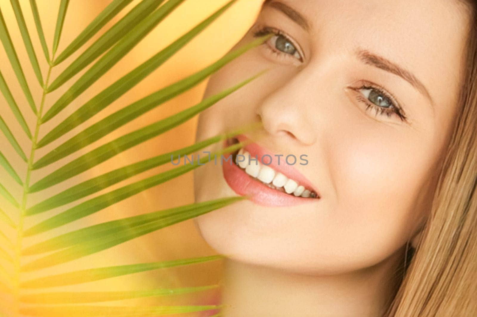 Summer beauty, makeup and skincare, face portrait of beautiful woman with tropical palm tree leaf, natural makeup for cosmetics and fashion look idea