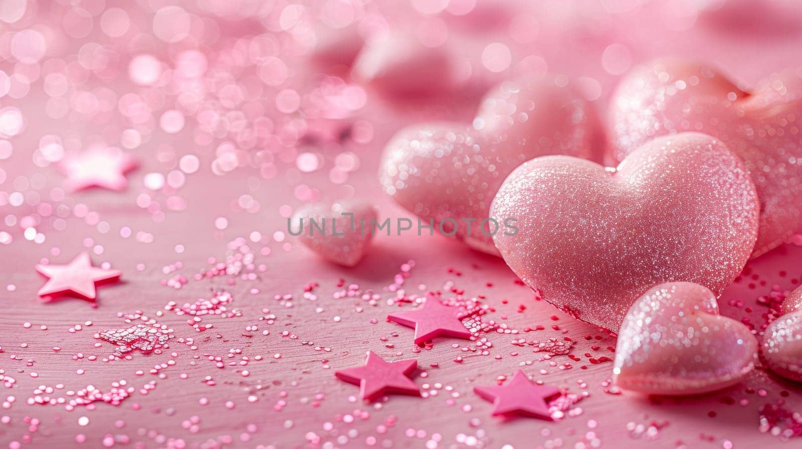 A pink background with glittery hearts and stars.