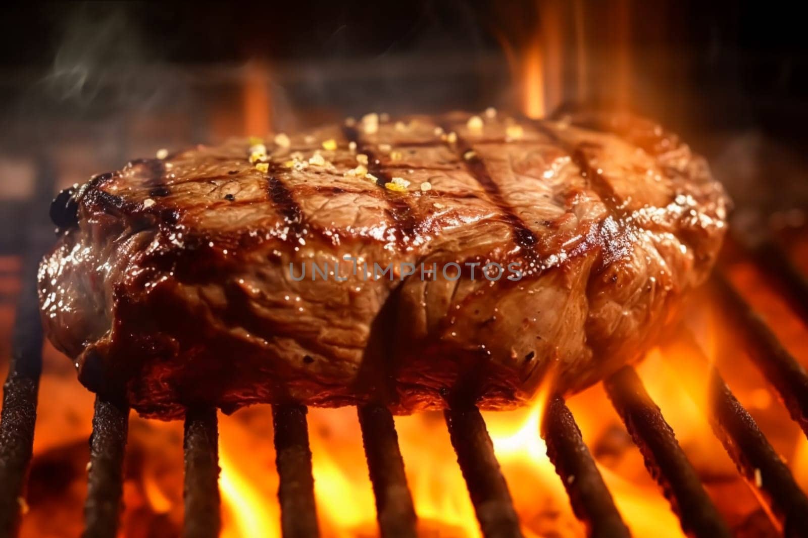 Meat beef steak grilled on fire, food bbq and hot grill, post-processed, generative ai