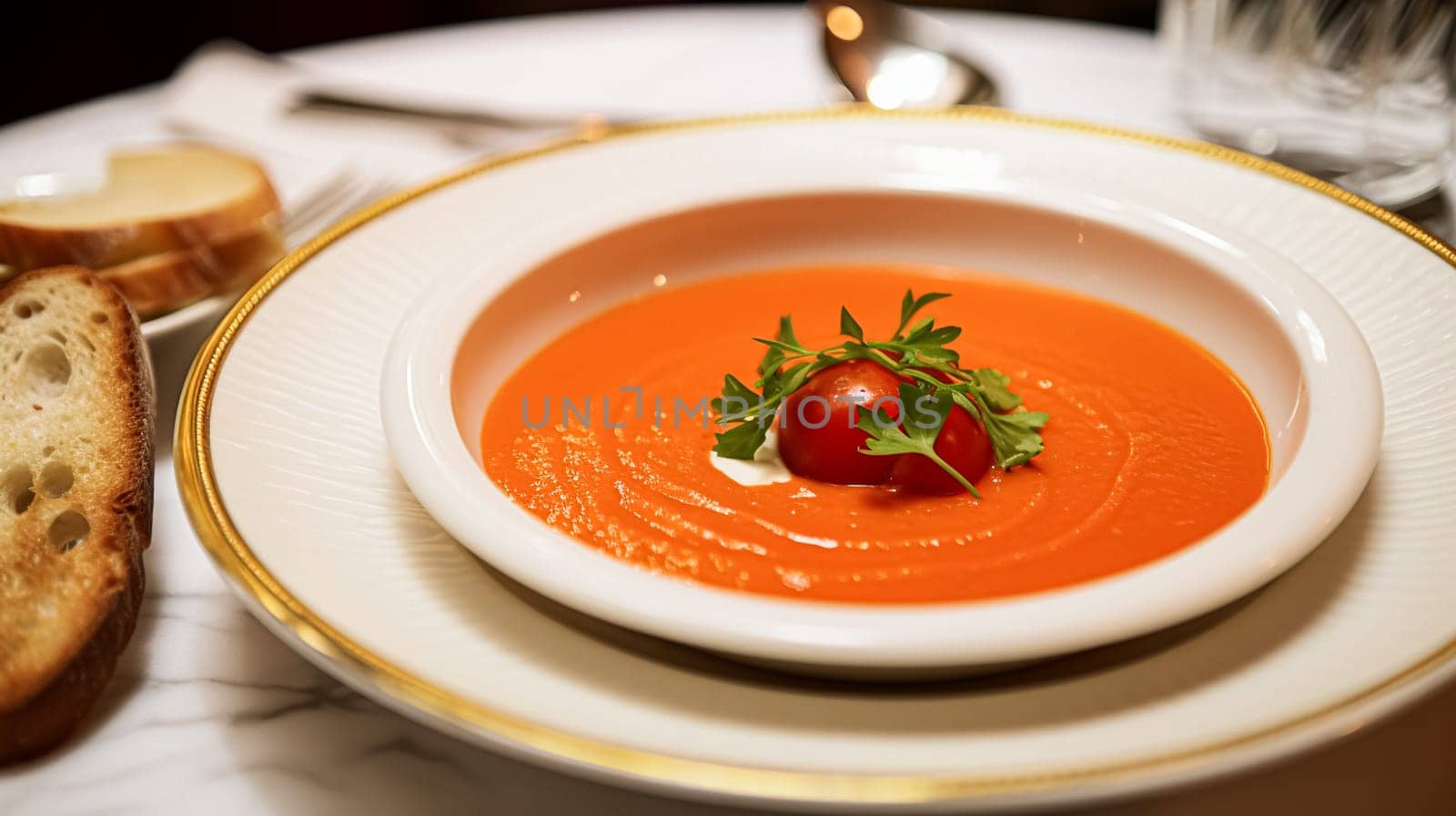 Tomato cream soup in a restaurant, English countryside exquisite cuisine menu, culinary art food and fine dining by Anneleven