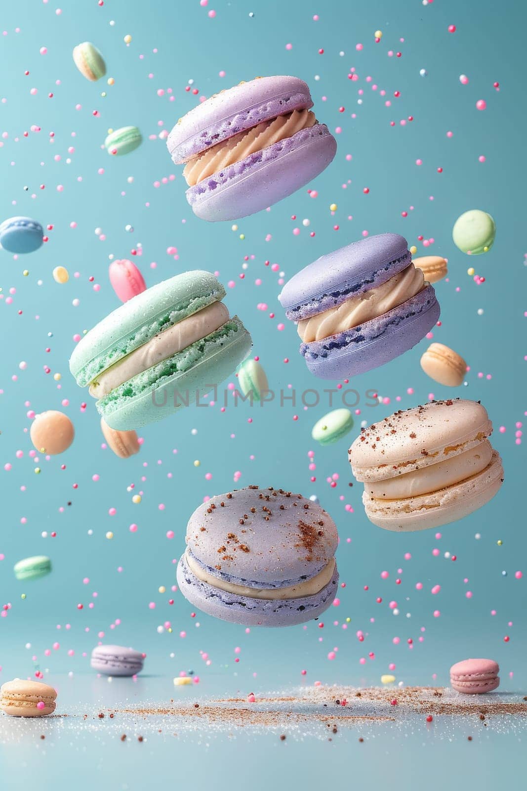 A colorful assortment of macarons are flying through the air by itchaznong