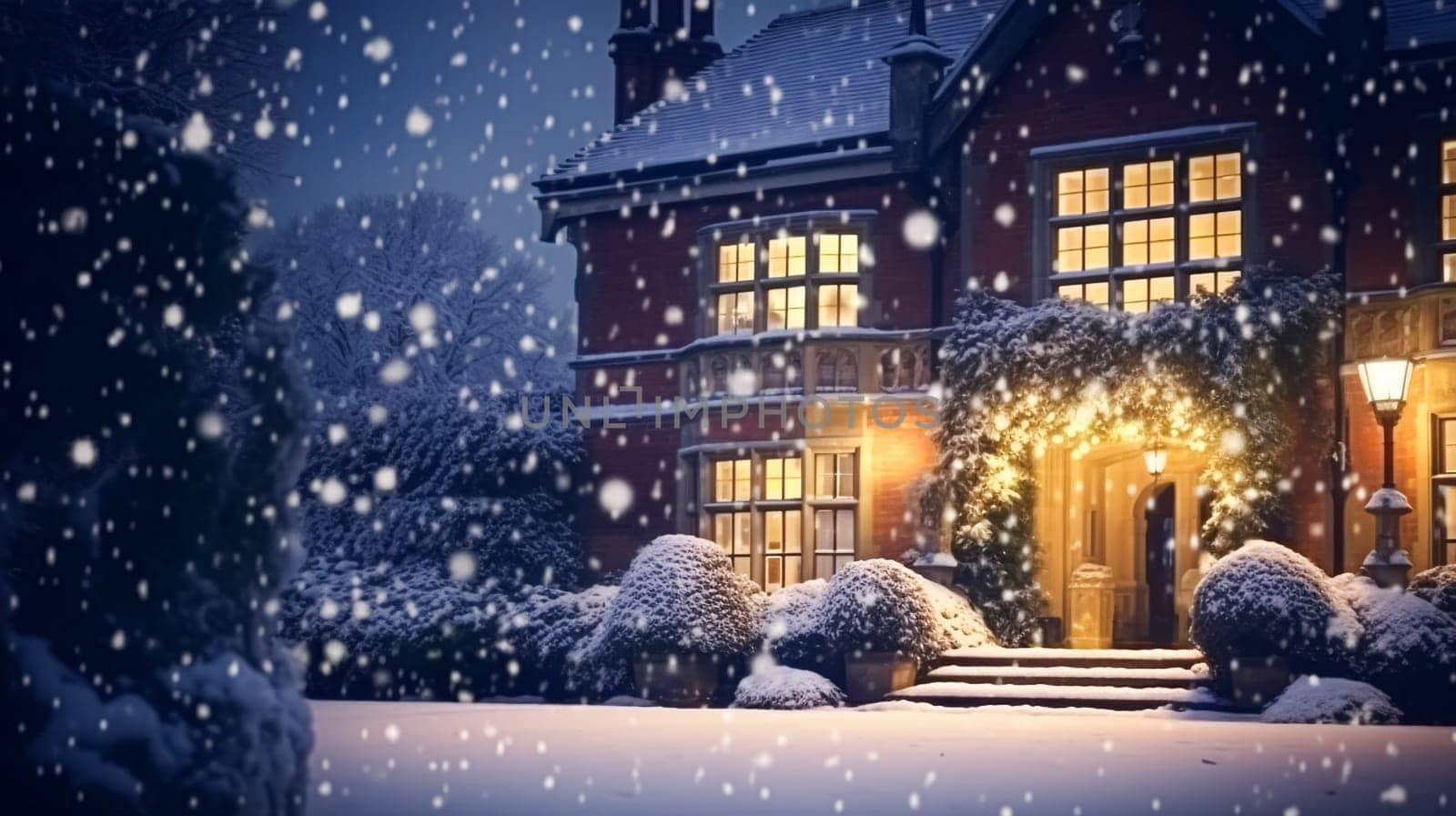 Christmas in the countryside manor, English country house mansion decorated for holidays on a snowy winter evening with snow and holiday lights, Merry Christmas and Happy Holidays design