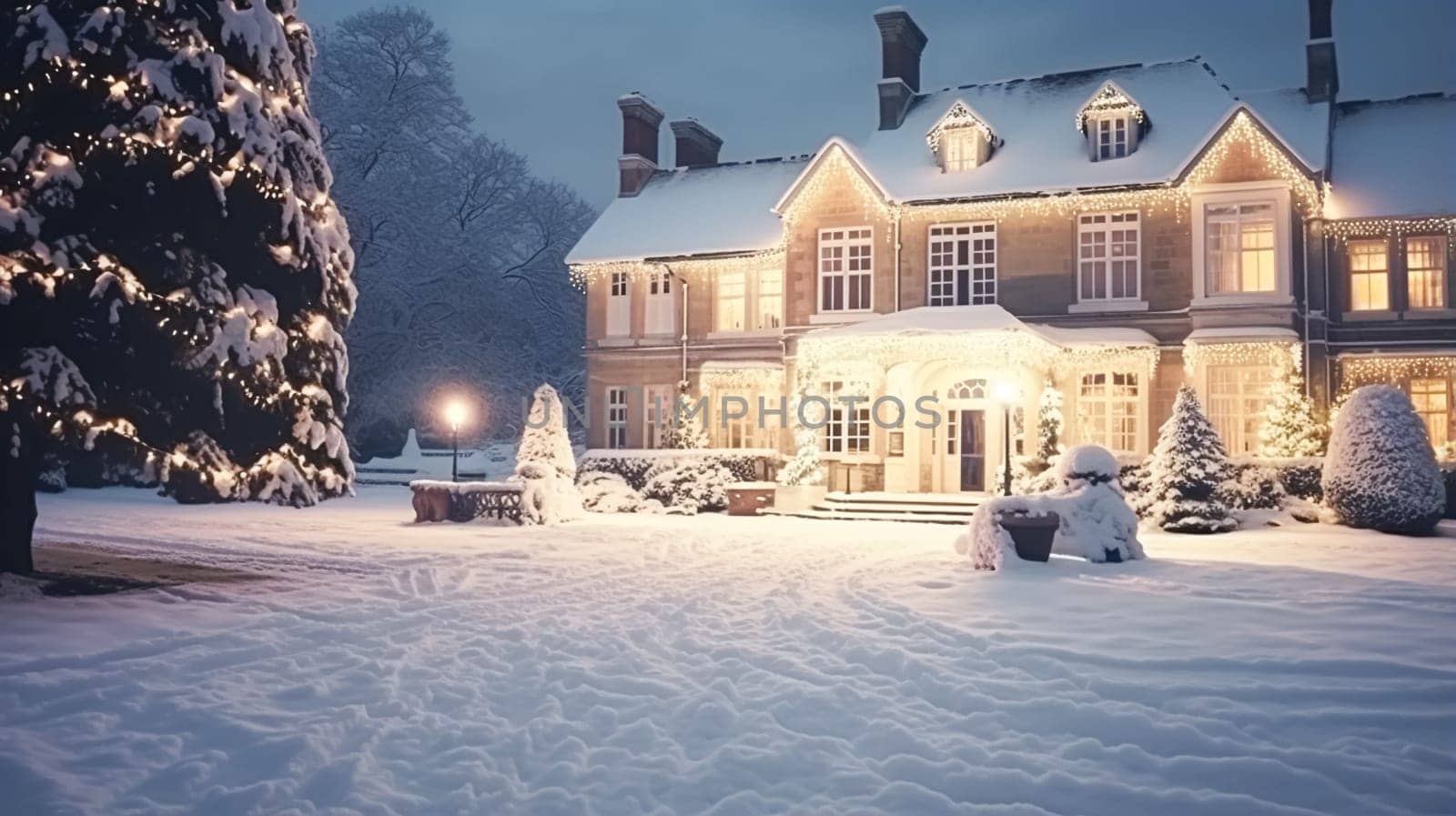 Christmas in the countryside manor, English country house mansion decorated for holidays on a snowy winter evening with snow and holiday lights, Merry Christmas and Happy Holidays design