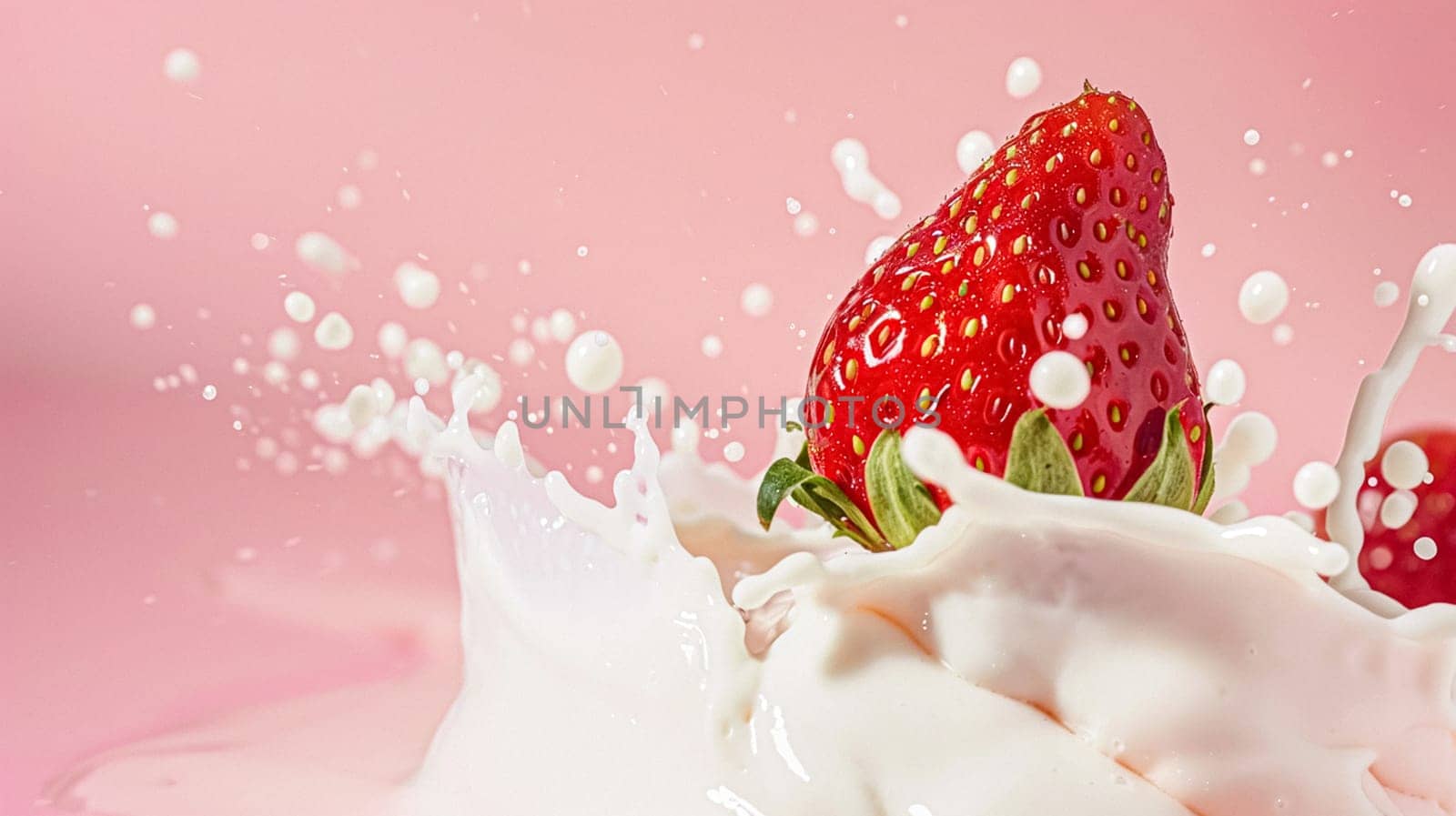 Strawberries falling into cream, milk or yoghurt on pink background, strawberry dessert by Anneleven