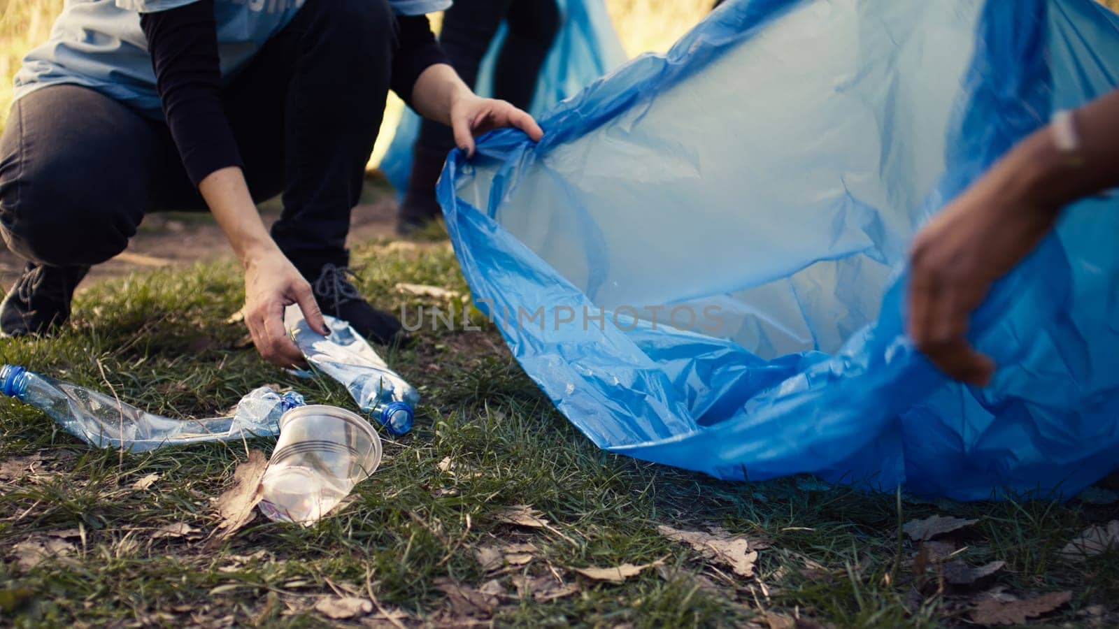 Team of activists collecting rubbish and plastic waste to recycle, cleaning the woods with litter cleanup tools and garbage bags. People picking trash from the forest, activism. Close up. Camera B.