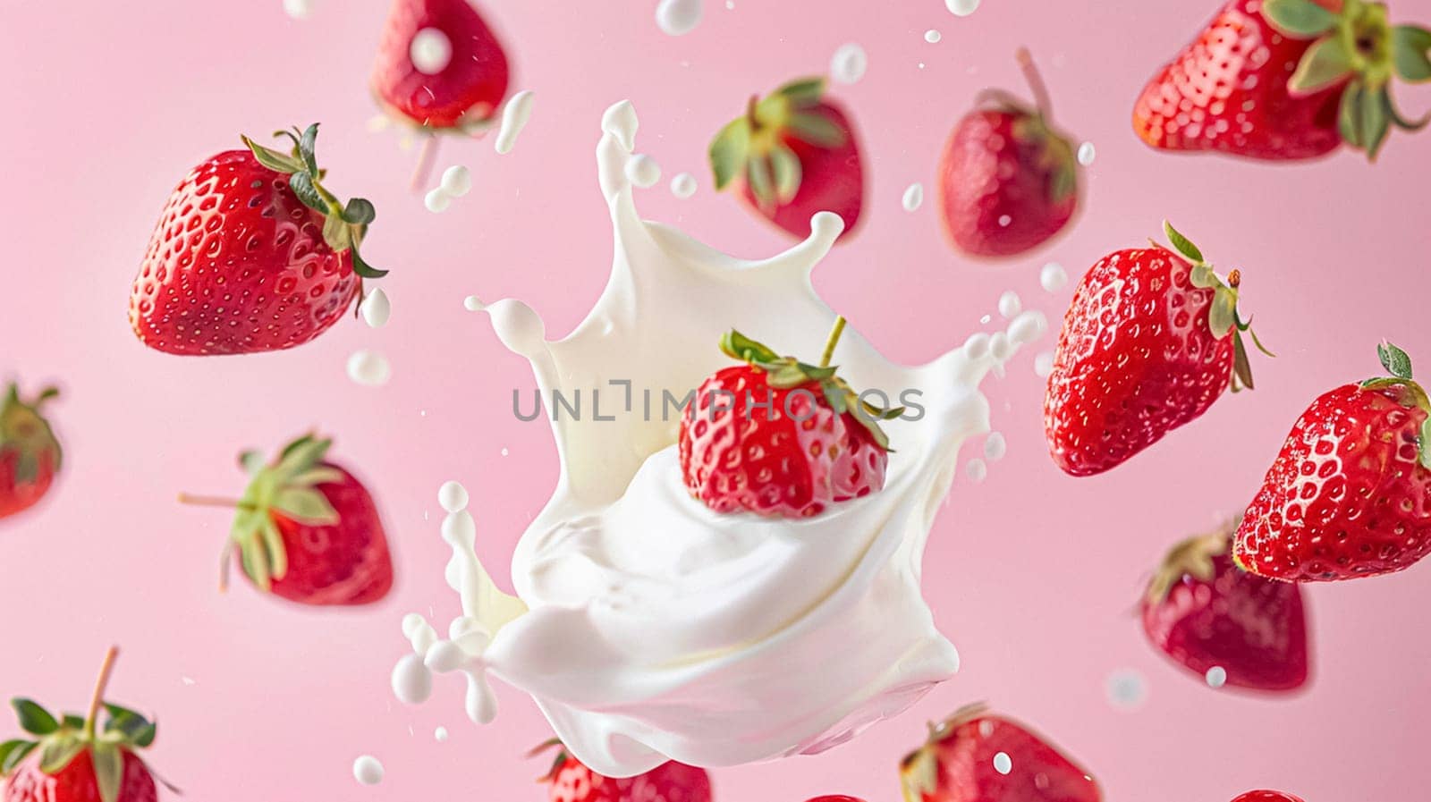 Strawberries falling into cream, milk or yoghurt on pink background, strawberry dessert