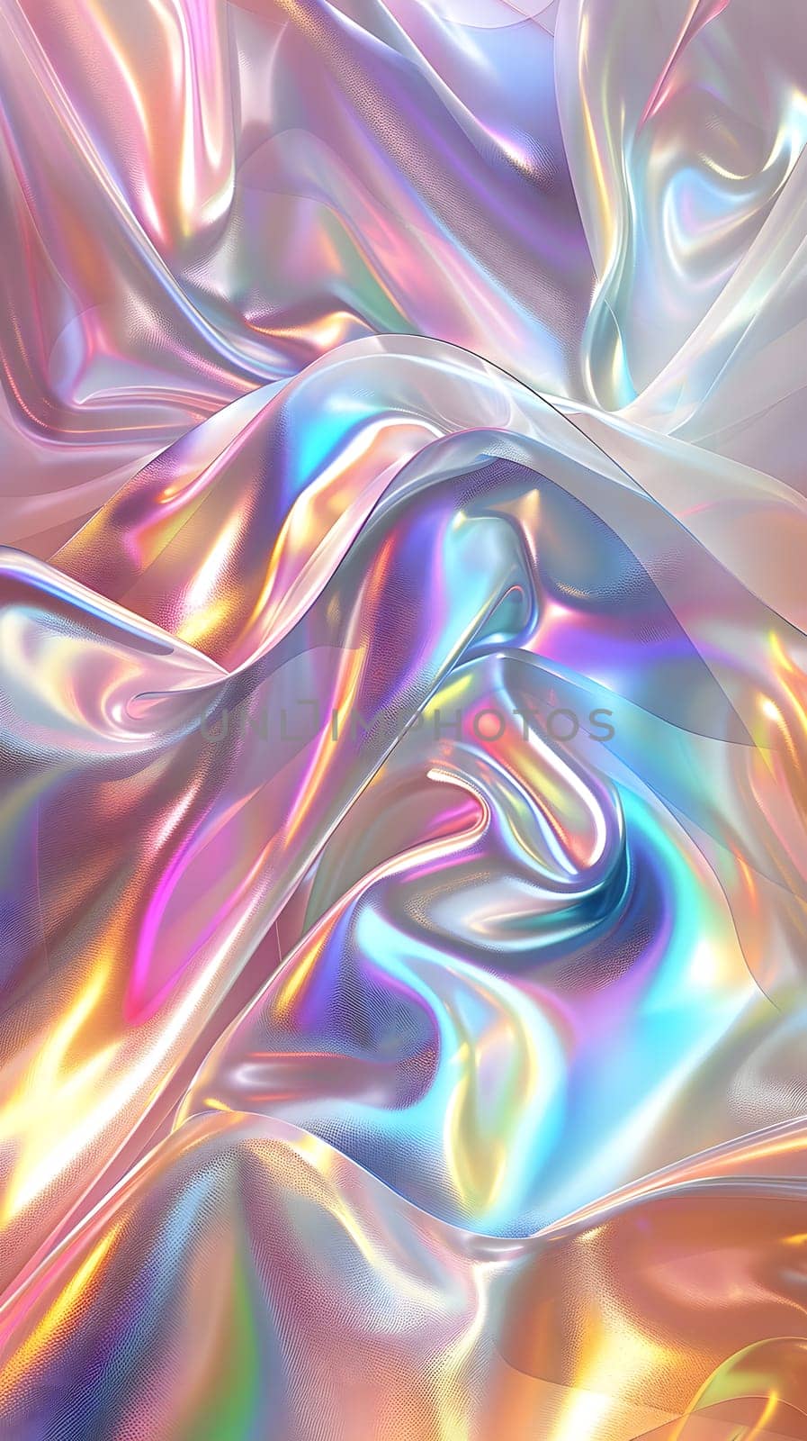 A closeup of holographic fabric featuring a rainbow of colors including magenta, purple, violet, and electric blue. The intricate pattern resembles a vibrant painting in visual arts