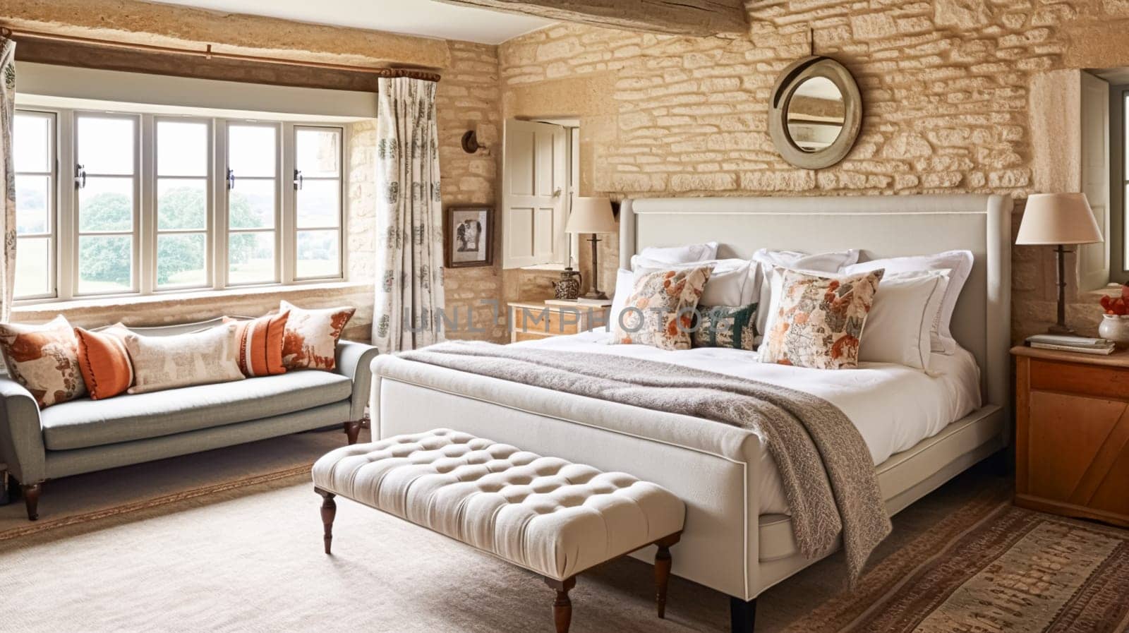 Cottage style bedroom decor, interior design and home decor, bed with elegant bedding and bespoke furniture, English country house or holiday rental interiors