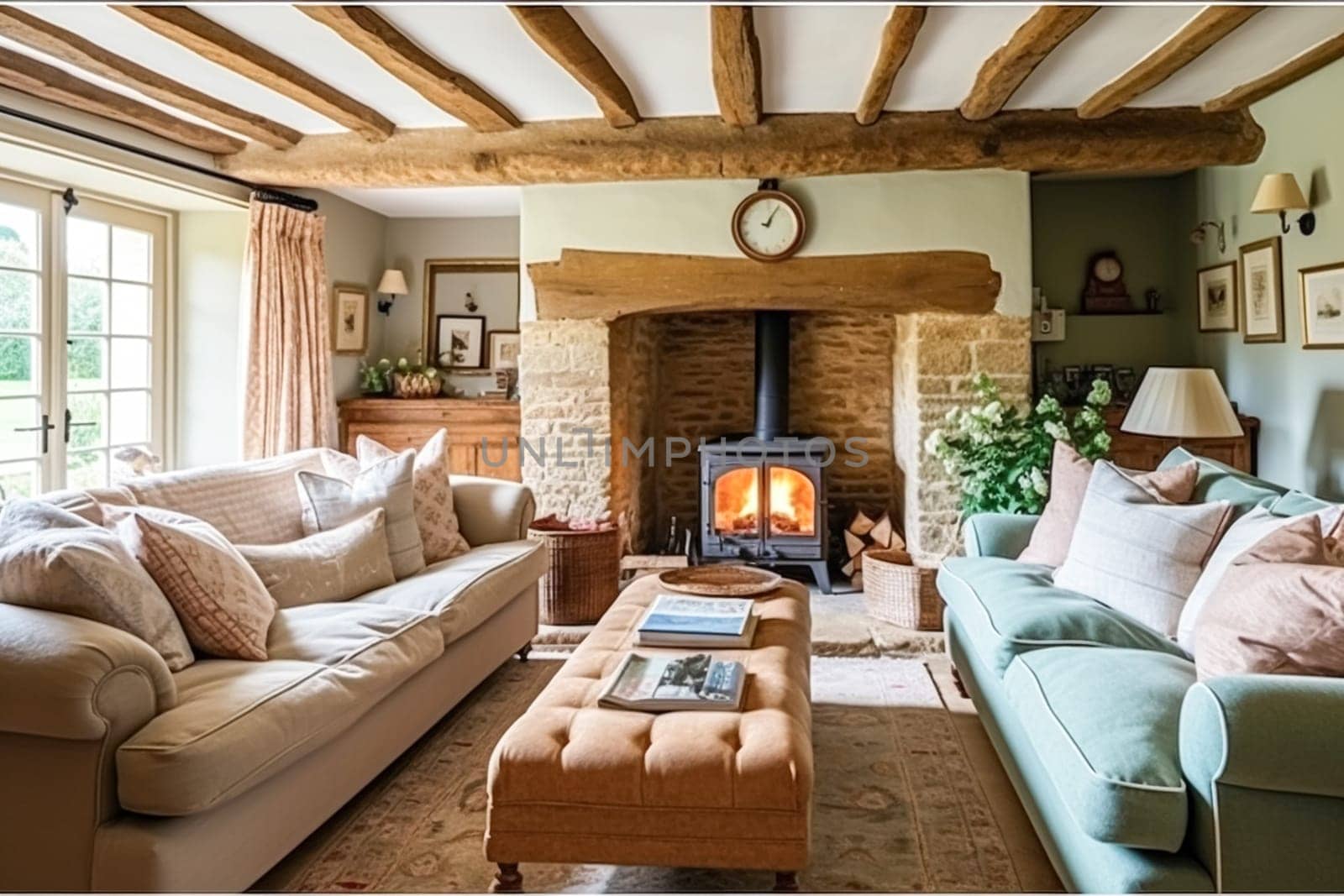 Cottage interior with modern design and antique furniture, home decor, sitting room and living room, sofa and fireplace in English country house and countryside style interiors