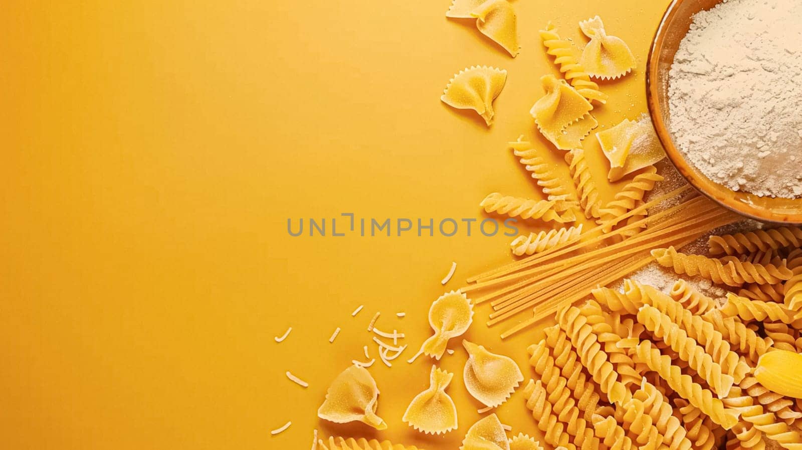 Pasta recipe preparation flatlay background with ingredients, spaghetti, olive oil, garlic, tomatoes and spices in the kitchen, homemade food recipe by Anneleven
