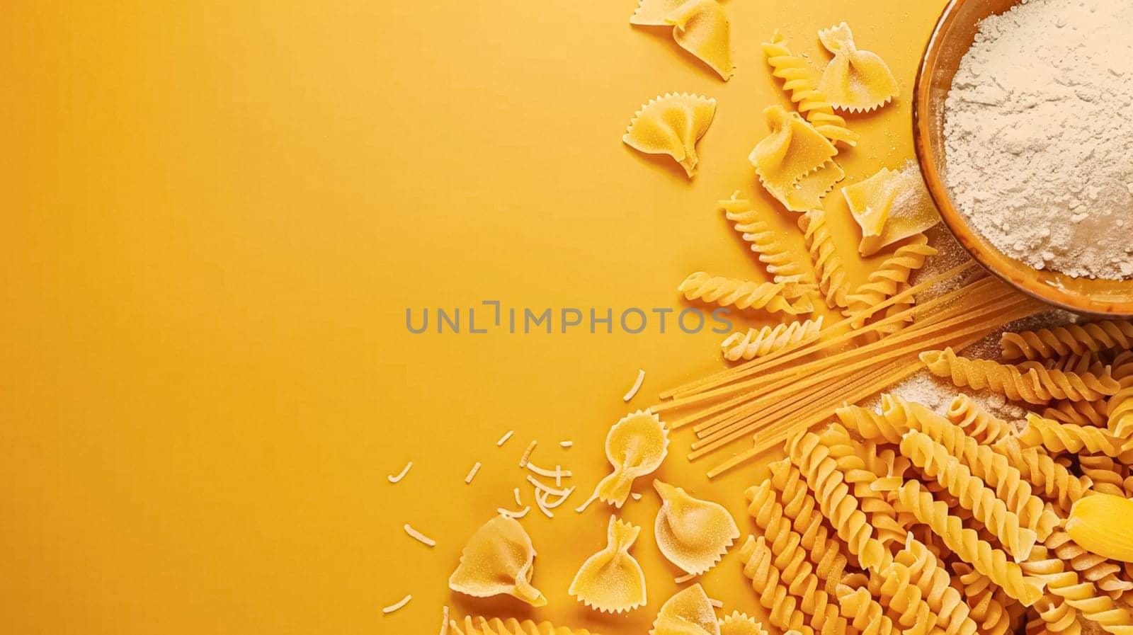 Pasta recipe preparation flatlay background with ingredients, spaghetti, olive oil, garlic, tomatoes and spices in the kitchen, homemade food recipe idea