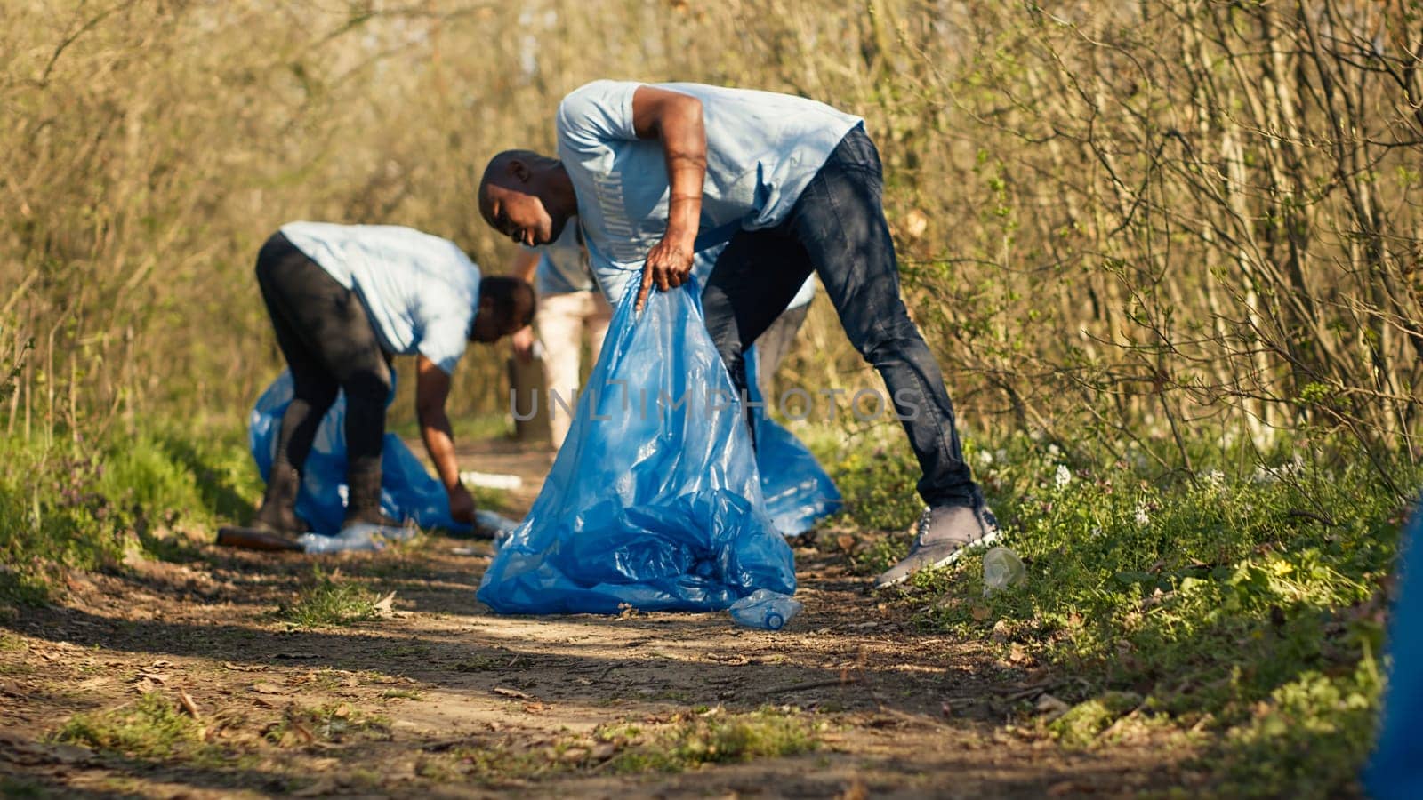 People picking up trash and plastic bottles from the forest area, protecting the natural environment and doing voluntary work. Activists group cleaning the woods, recycling waste. Camera A.