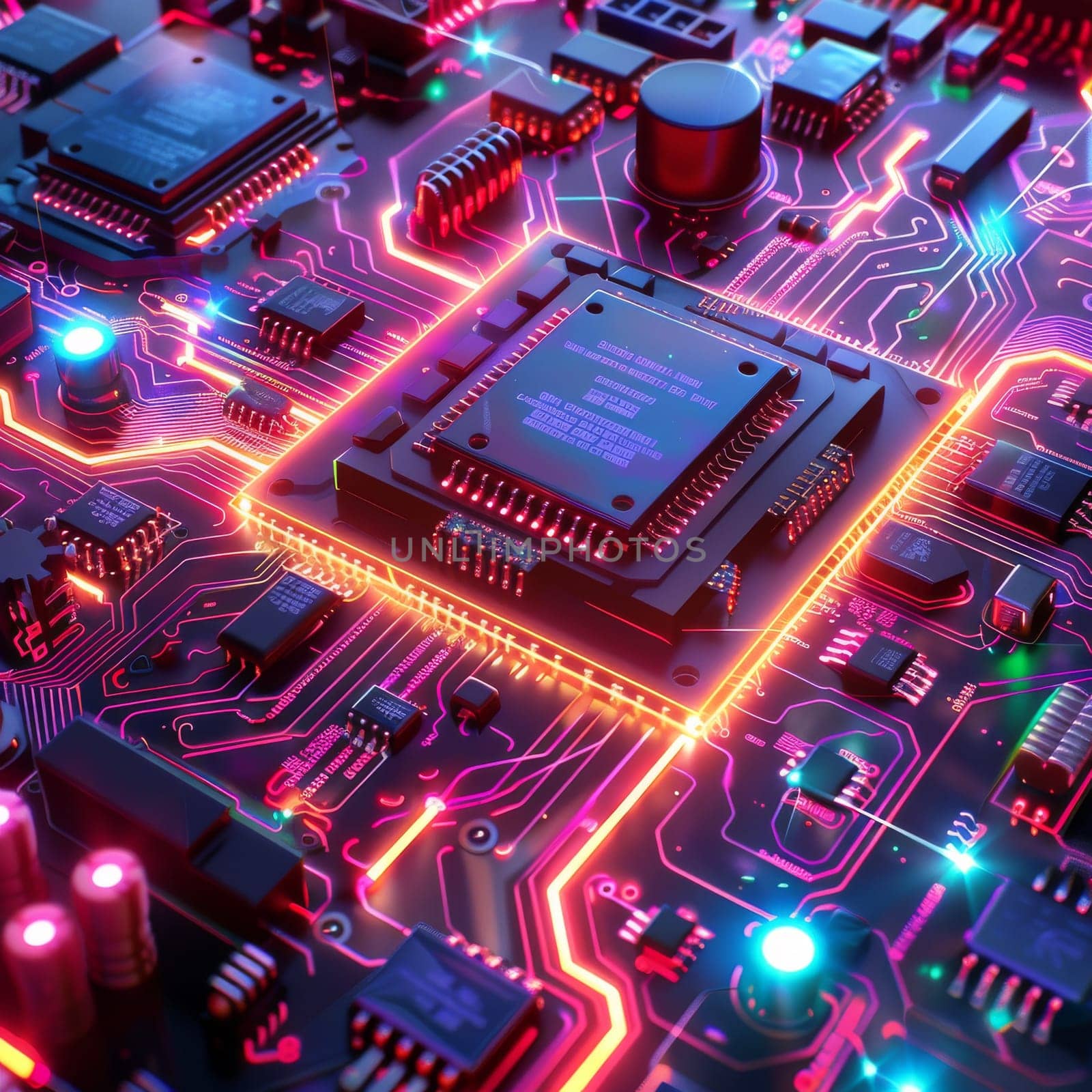 A close up of a circuit board with blue and orange lights. Concept of complexity and sophistication, as the intricate design of the circuit board suggests a high level of technical expertise