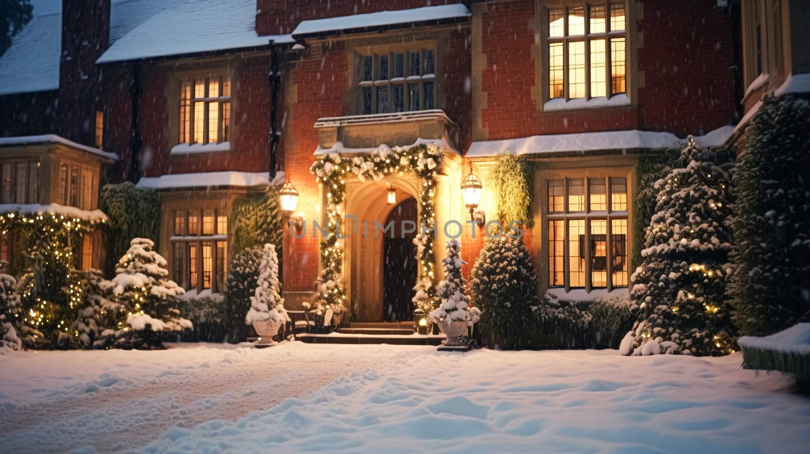 Christmas in the countryside manor, English country house mansion decorated for holidays on a snowy winter evening with snow and holiday lights, Merry Christmas and Happy Holidays design