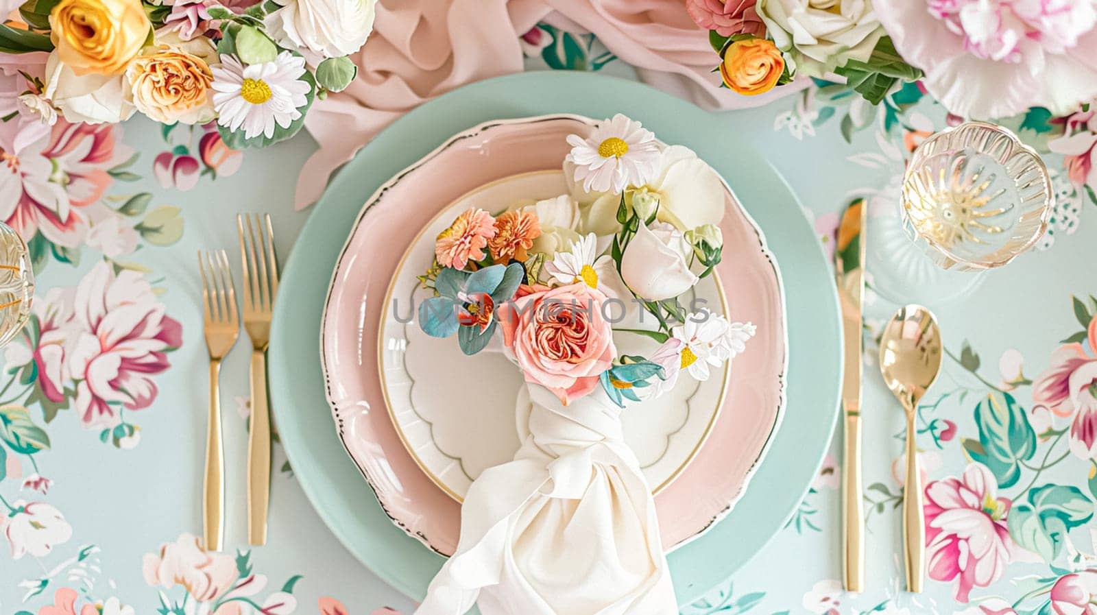 Easter tablescape decoration, floral holiday table decor for family celebration, spring flowers, Easter eggs, Easter bunny and vintage dinnerware, English country and home styling