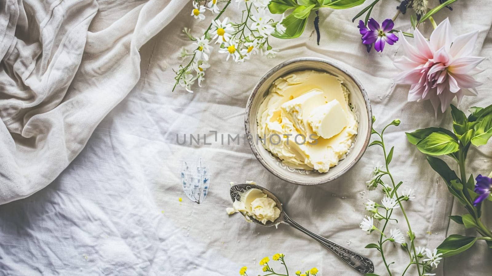 Creamy homemade butter in bowl, traditional food and country life